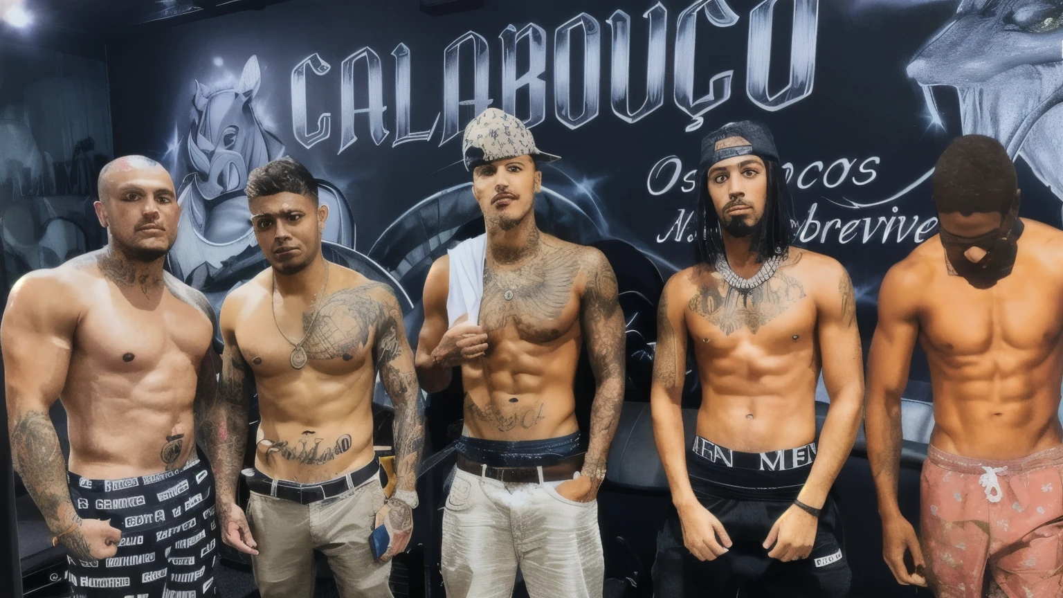several men com tatuagens standing in front of a wall with a sign, usando tatuagens de shipibo, 6 pacotes ab, bonito, com tatuagens, 6 pacotes, taken at the beginning of 2020, pacote de seis, por Károly Brocky, Physical aptitude, tatuado, tatuagens, ney matogrosso with malice, pacote de seis