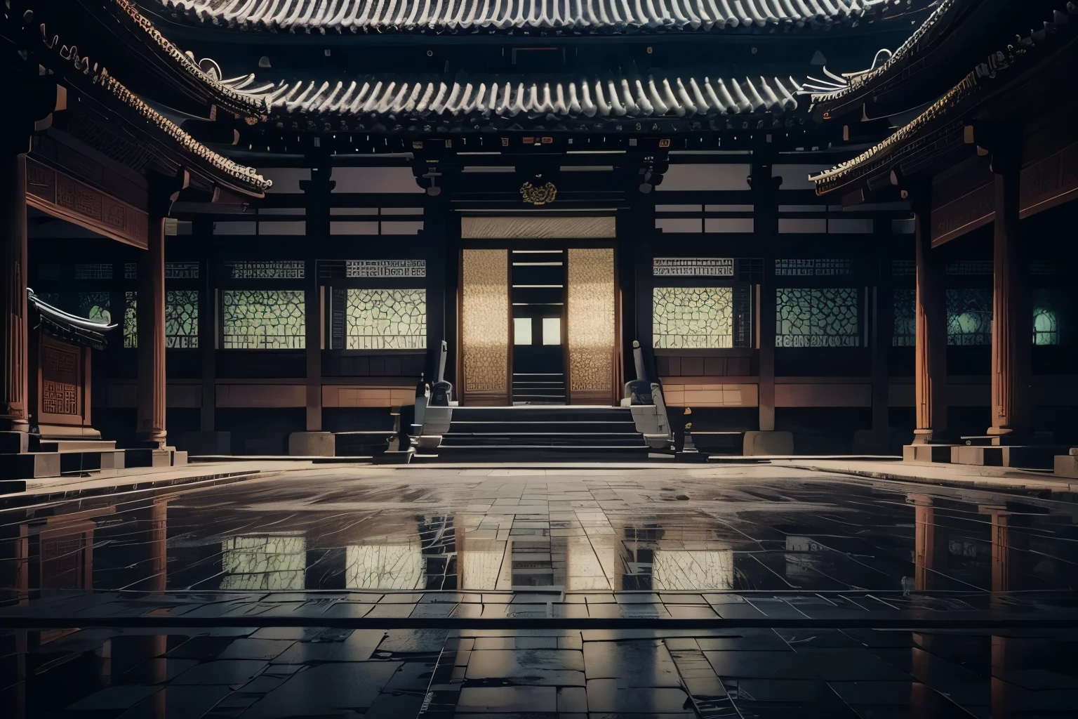 interior korean palace, dark, night, anime background