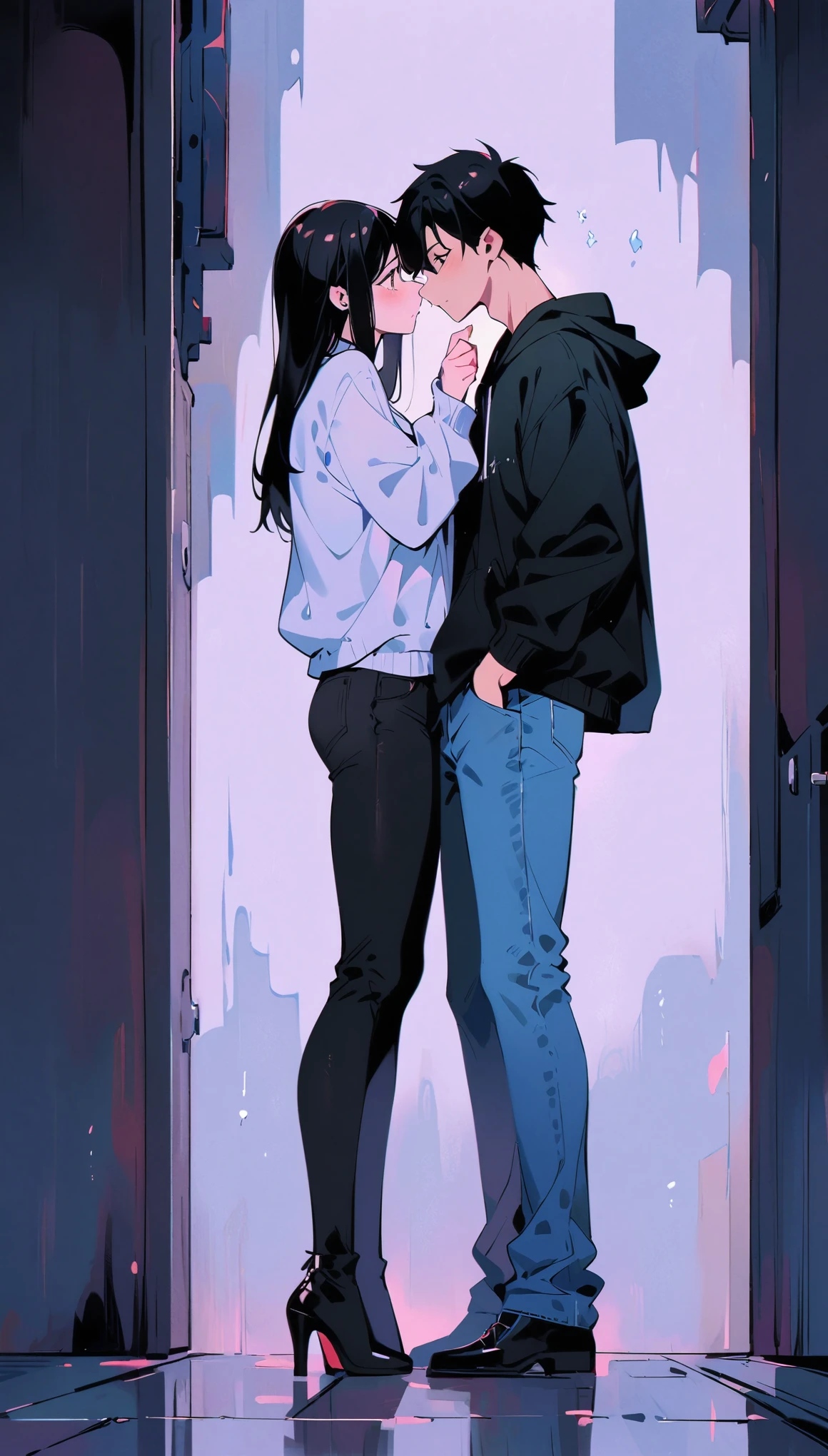 (best quality:1.2), 1 girls,1 boy,, face to face, looking at each other, standing apart, both standing apart, kissing, blue jeans, full body