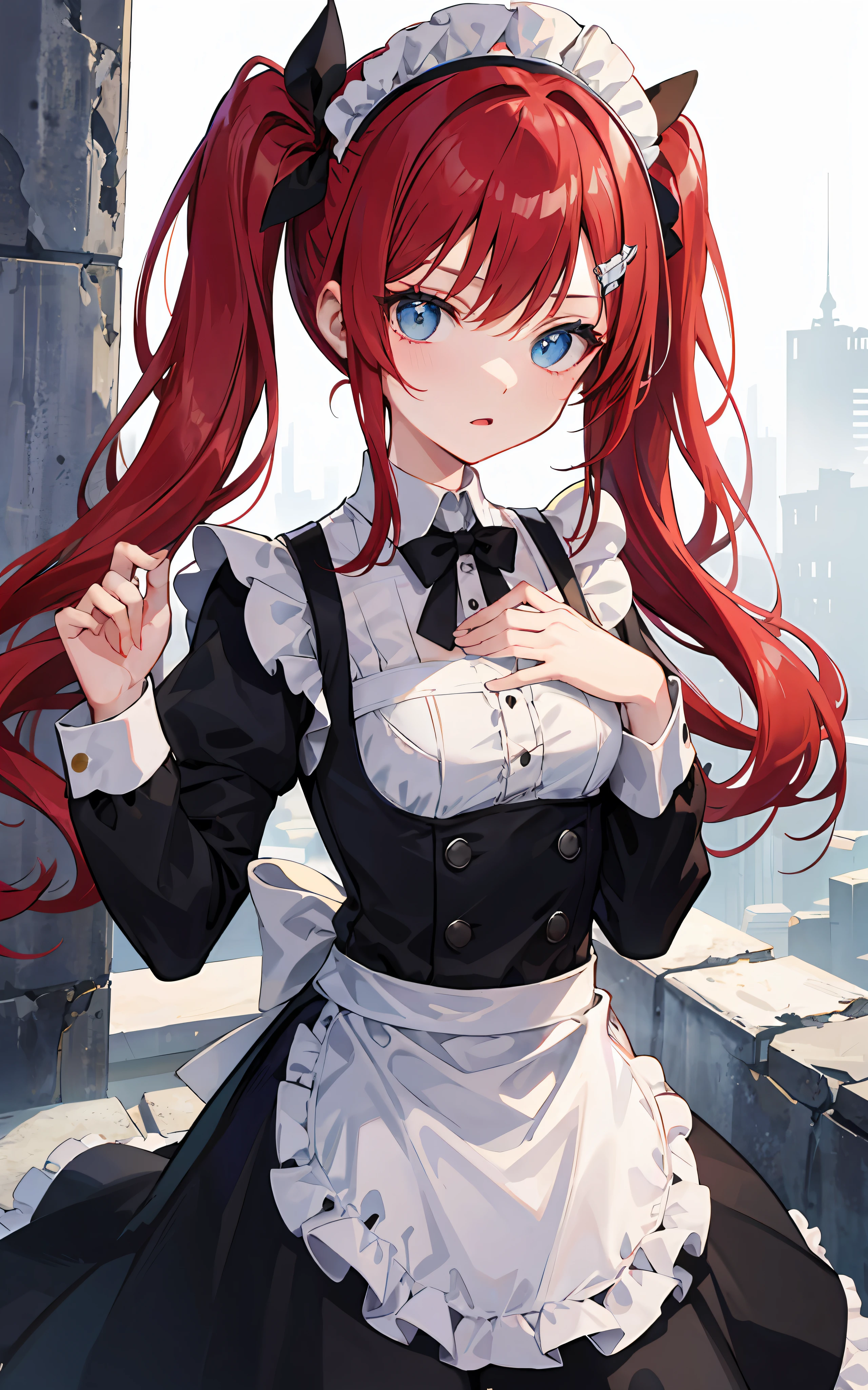 Red hair,blue eyes,Double tail,maid, long hair, long sleeve, Gothic, alone, Change,{{best quality}}, {{masterpiece}}, {{Super detailed}}, {illustration}, {detail light}, {extremely delicate and beautiful}, a girl, {Beautiful and delicate eyes},ruins