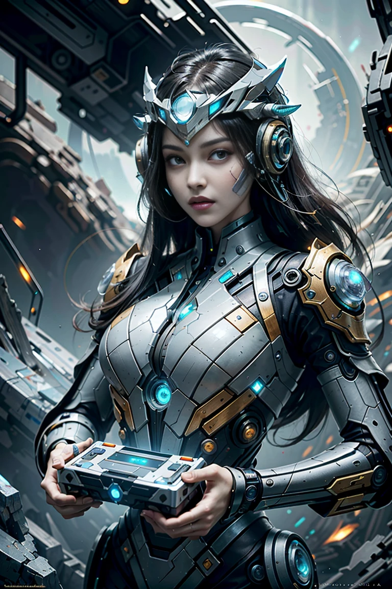 (best quality,4k,8k,highres,masterpiece:1.37), ultra-detailed, (realistic,photorealistic,photo-realistic:1.37), (aerial view), (top down perspective), 1woman, (the foreground is a woman pulling a video game cartridge out of a futuristic artifact box full of video game cartridges:1.6), (the woman is looking down:1.4), (Futuristic artifact box), (the artifact box is open), (The scene unfolds inside a mystical cavern:1.4), robot joints, mecha, fractal_body, (The woman is wearing a biomechanical suit, made with glass details, covering her entire body:1.5), gatchaman, (She has a helmet glass visor:1.4), (dynamic angle:1.37), headgear, mechanical parts, (The woman's headgear is made of fractal mechanical parts:1.4), (fantasy and sci-fi mixed:1.37), holographic glitch effects floats around the woman, vibrant colors, (A blue glow emanates from inside the treasure chest), glowing lights, (abandoned machinery), (there are video game cartridges and consoles on the background), mystical creatures, (there are crystal formations spreading on the background), (futuristic technology), (ancient artifacts), mystical energy, vibrant retro aesthetic, atmospheric lighting, ancient ruins, mysterious symbols, lush vegetation, nostalgic atmosphere, epic adventure, delightful surprise