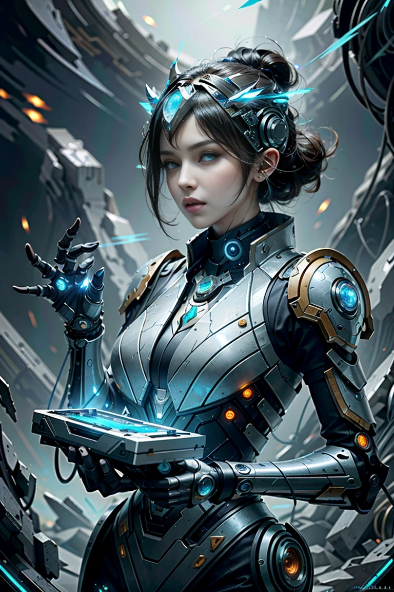 (best quality,4k,8k,highres,masterpiece:1.37), ultra-detailed, (realistic,photorealistic,photo-realistic:1.37), (aerial view), (top down perspective), 1woman, (the foreground is a woman pulling a video game cartridge out of a futuristic artifact box full of video game cartridges:1.6), (the woman is looking down:1.4), (Futuristic artifact box), (the artifact box is open), (The scene unfolds inside a mystical cavern:1.4), robot joints, mecha, fractal_body, (The woman is wearing a biomechanical suit, made with glass details, covering her entire body:1.5), gatchaman, (She has a helmet glass visor:1.4), (dynamic angle:1.37), headgear, mechanical parts, (The woman's headgear is made of fractal mechanical parts:1.4), (fantasy and sci-fi mixed:1.37), holographic glitch effects floats around the woman, vibrant colors, (A blue glow emanates from inside the treasure chest), glowing lights, (abandoned machinery), (there are video game cartridges and consoles on the background), mystical creatures, (there are crystal formations spreading on the background), (futuristic technology), (ancient artifacts), mystical energy, vibrant retro aesthetic, atmospheric lighting, ancient ruins, mysterious symbols, lush vegetation, nostalgic atmosphere, epic adventure, delightful surprise