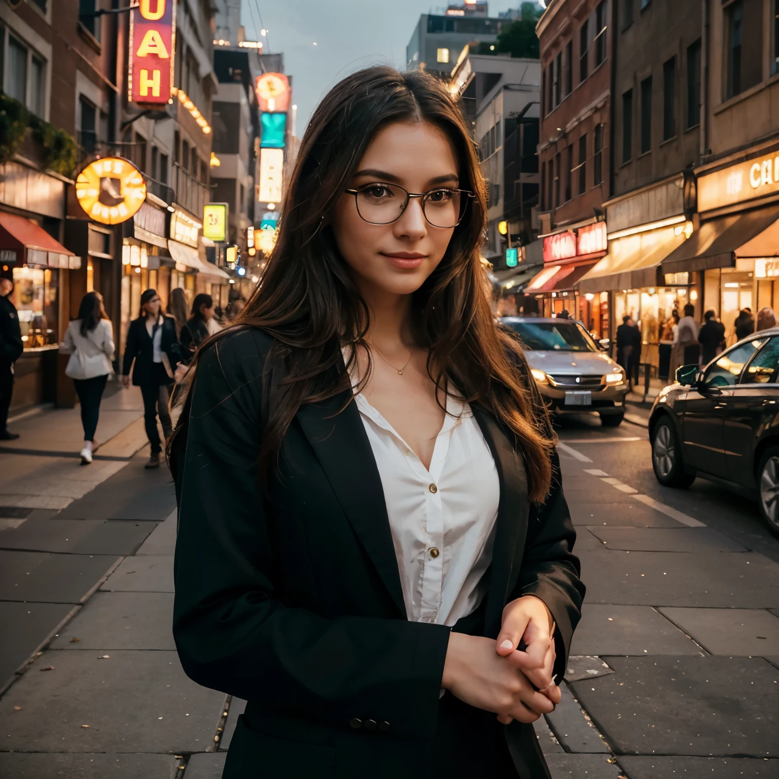 1 thin woman, 1.56 tall, face to camera, long hair, wavy hair, light brunette hair, glasses, soft skin, green eyes, smile, vegetation, Casual, Businesswoman style clothes, black blazer, realistic, with a background in a chic restaurant, 8k super realistic, super detailed and realisticOne walking in the city, accompanied by the busy sounds of cars and footsteps. Beautiful eyes and detailed lips that add charm to your face. She is dressed in fashionable clothes, radiating confidence and elegance. The cityscape is filled with tall skyscrapers, vibrant neon lights, and busy streets. The air is filled with a mix of excitement and urban energy. The girl walks with purpose, her long eyelashes fluttering in the wind. The city is bathed in a warm sunset glow, casting a magical golden light on everything around. The art is created in a realistic style with ultra-detailed and vivid colors. The composition captures the dynamic atmosphere of the city, with a sharp focus on the girl as the central figure. Lighting emphasizes the contrast between light and shadow, adding depth to the scene. The overall quality of the image is of the best quality, with high resolution and excellent attention to detail. 1 slim woman 1.56 tall, long hair, wavy hair light brunette hair color, smooth skin, green eyes, smile, vegetation, Casual, Clothing businesswoman style, black blazer, realistic, with chic hotel background, 8k super realistic, super detailed and realistic