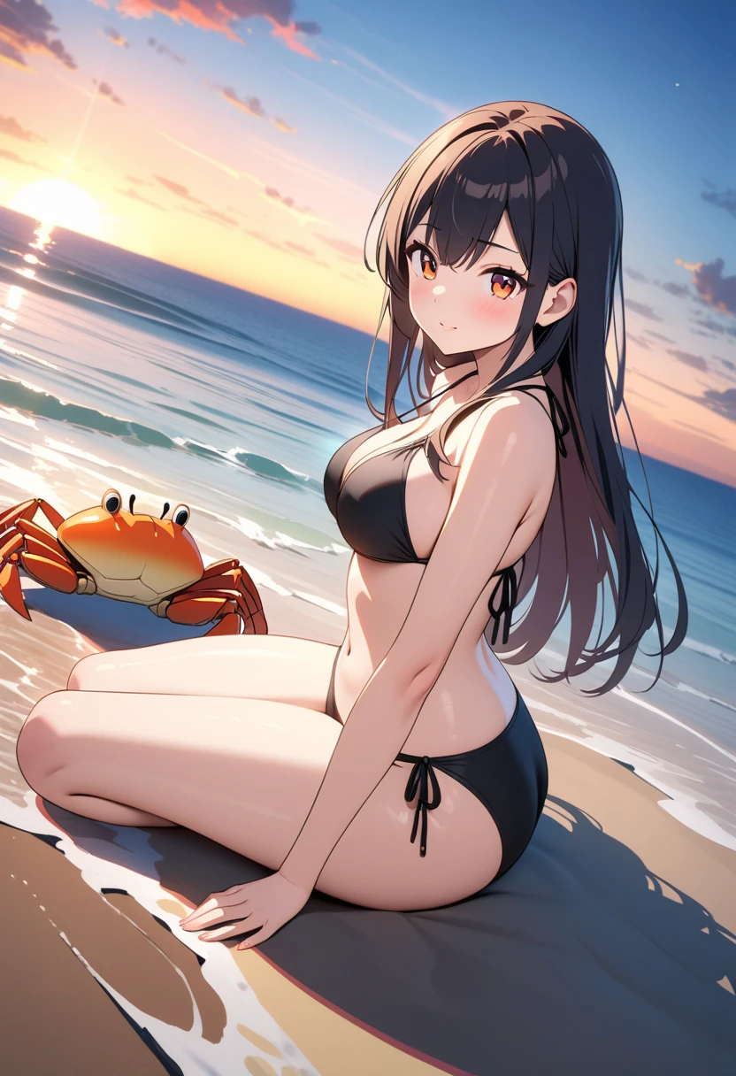 顶级animation质量，animation，HD，1080P，solo，(low angle)，a woman，extremely detailed hair and eyes，long hair with swept bang，wearing only bikini，beautiful skin，sitting on the beach，(There are many huge crabs around)，Glowing sea background，sexy feeling，(warm feeling)，orange sky，Ray tracing，(afternoon)