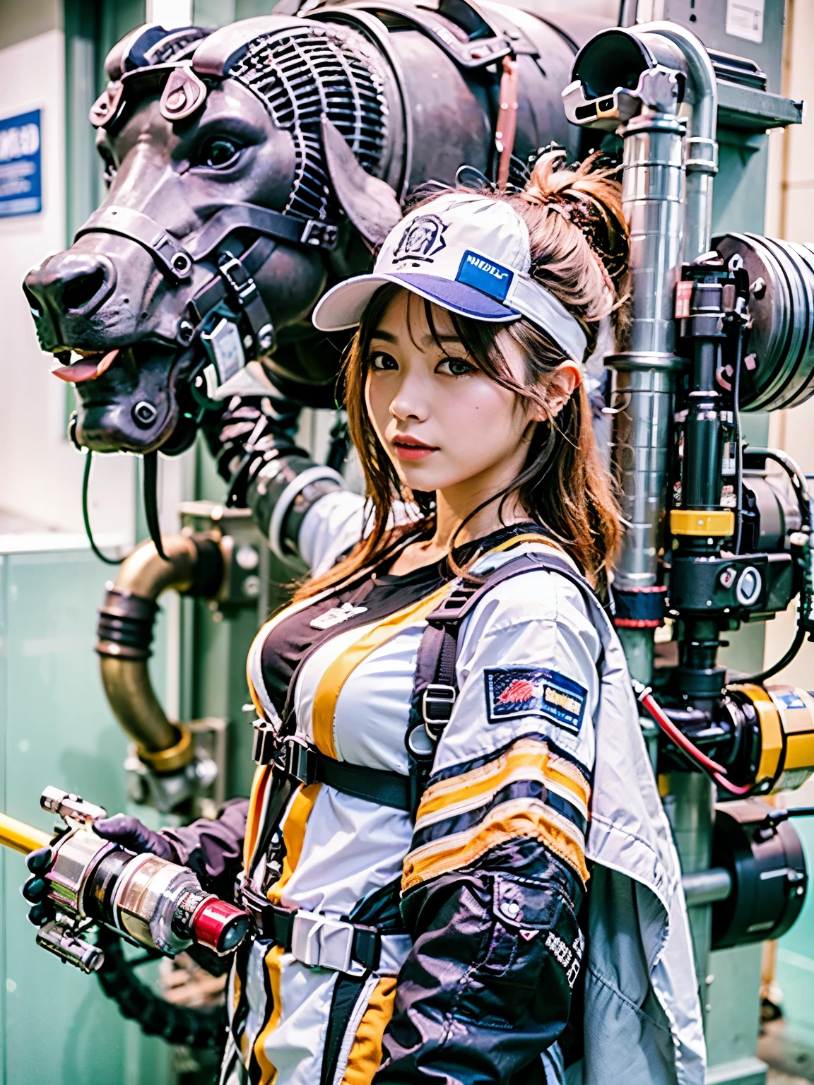 Biohuman、biological weapon、Mechanical life formasterpiece、((highest quality))、Pipes from all over the body、Hydraulic cylinder、japanese woman、15 years old、Super detailed、beautiful girl、gloss々Texture