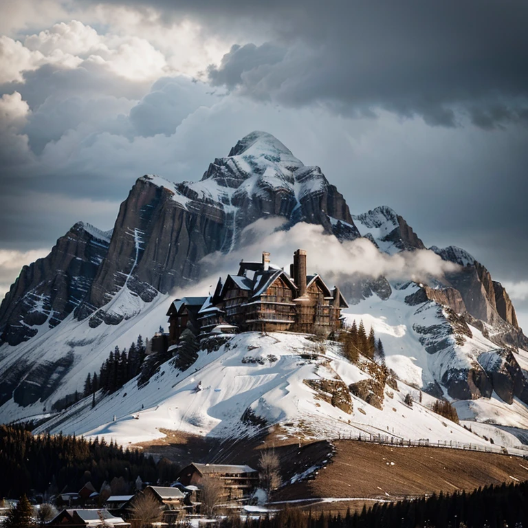 create an image of a mountain in cloudy weather with a vintage chalet