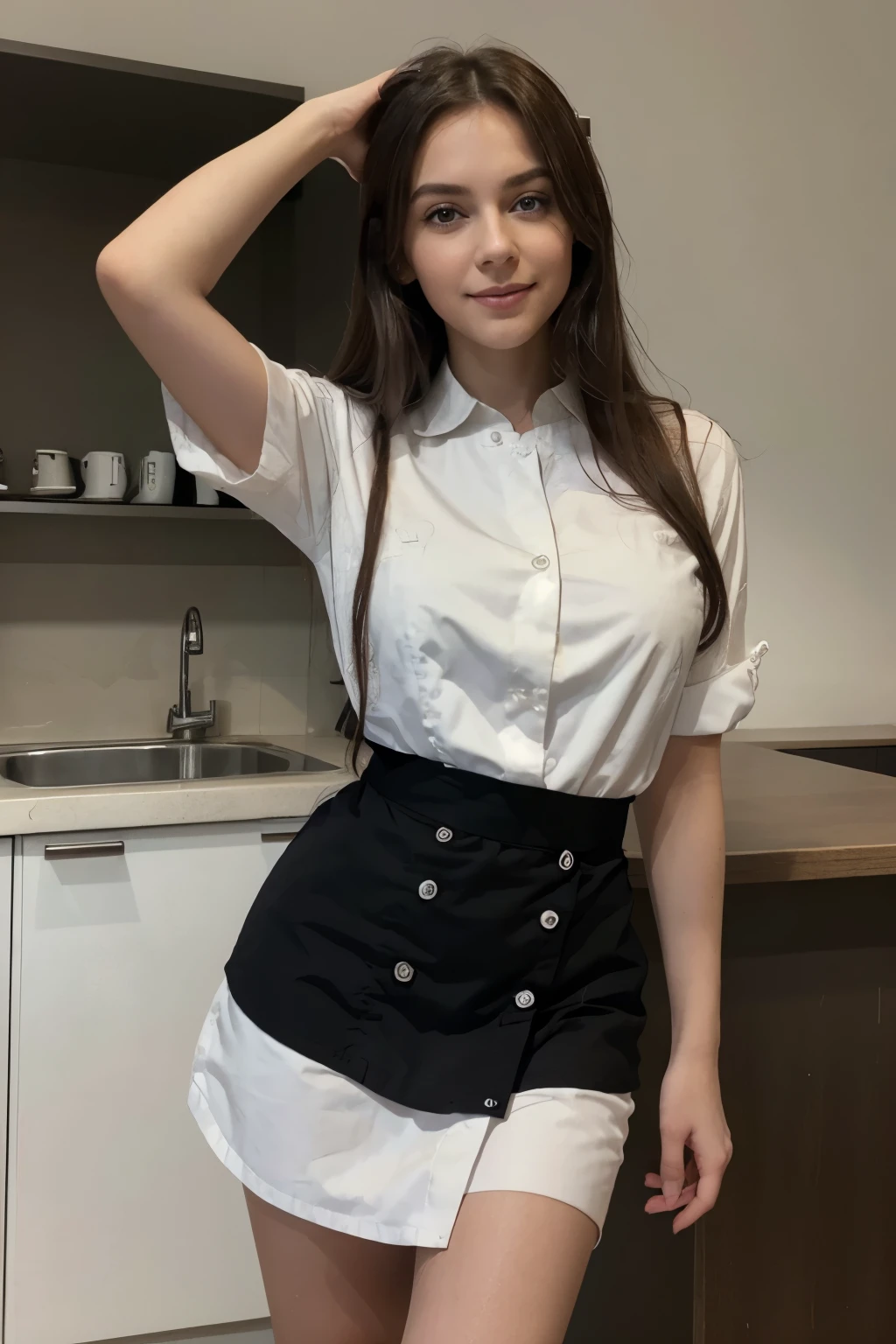 ((chef-d&#39;artwork, best quality)), (1fille), (seulement), (female home), (ahogé, cheveux blancs, very long hair), golden eyes, sourire clair, Bouche ouverte, ((chemise blanche), (buttoned shirt), (bouton d&#39;gap)), ((jupe noire), (Jupe courte)), debout, fond blanc, arm behind the back, Angle dynamique