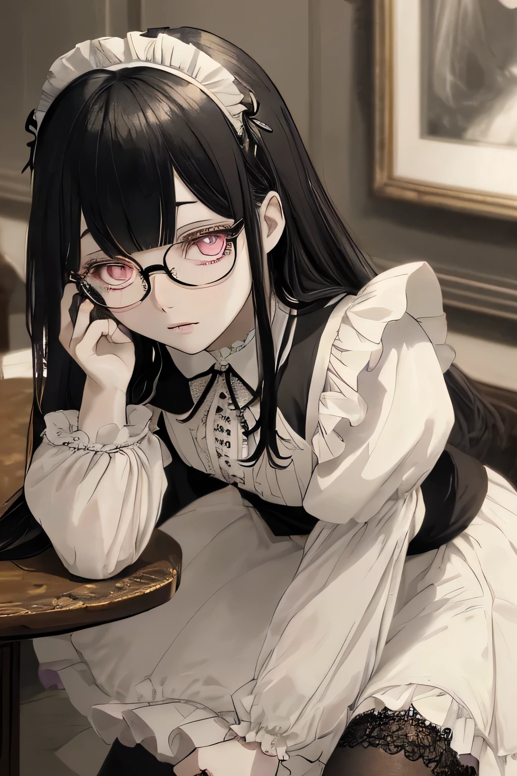 dull bangs、Crouched down, looking down at me、ecstatic expression、maid, Glasses, over knee high socks、drunk eyes,dull bangs, black hair,(table top:1.2, highest quality), (Beautiful detailed eyes: 1.2), (detailed background,dark fantasy), (beautiful and detailed face), high contrast, (best illumination, very delicate and beautiful), ((cinematic light)), colorful, hyper detail, dramatic light, intricate details,