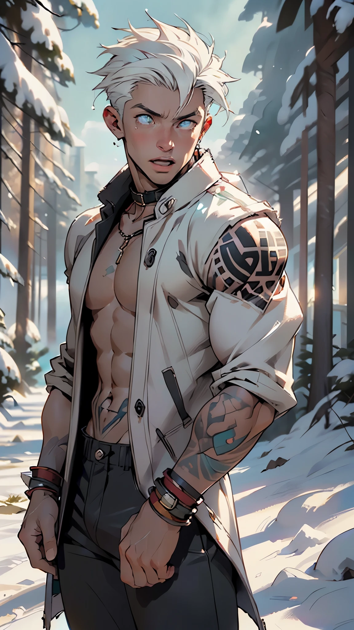 man tribal,(((man,boy,male,male only,1man,male gender))),((((18 years old)))),muscular man,((man muscular)),macho man,
man chest,handsome face,(((white hair,short hair,very short spiky hair,white hair with aqua stripes,colored inner hair))),((aqua_eyes:1.3))),intricate eyes,beautiful detailed eyes,symmetrical eyes,big eyes:1.5,(((black skin,dark skin,lustrous skin:1.5,tanned skin,bright skin: 1.5,skin tanned,shiny skin,very shiny skin,shiny body))),((exaggerated muscles,exaggerated shoulders,very muscular and huge)),(((muscular,hairy body,muscular man,tall,big biceps,abs,big thighs,broad shoulders,open chest))),(((detailed face and eyes))),((undercut)),(square jaw)
(nsfw),
((((bare chest,naked torso)))),(barefoot,),(((slave,slave collar,Long chain leash connected to her collar,shackles,tribal pants,bulge in pants))),((tattoos and markings:1.5)),((( fur coat, fur coat outfit, wearing a fur coat:1.3, winter coat))),((torn clothes,wet clothing,intricate outfit)),
dynamic pose,looking at viewer,(tears,open mouth),centered,scale to fit dimensions,Rule of thirds,
((snowy egyptian palace)),winter,scenery:1.25,((intricate scenery)),((snow forest background)),snow everywhere,(,snowy egyptian palace background,snowy pyramids in the background),extremely scenery,(puddles everywhere),clouds,Egypt style,Egypt castle,(sunset, golden hour),
(Glossy Egyptian ornaments),highres,sharp focus,(ultra detailed,extremely detailed),(photorealistic artwork:1.37),(extremely detailed CG unity 8k wallpaper),(((vibrant colors,vibrant theme))),(intricate),(masterpiece),(best quality),artistic photography,(photography taken by sldr),(intricate background),perfect rendered face,perfect face details,realistic face,photo realistic,((intricate detail)),(((realism))),