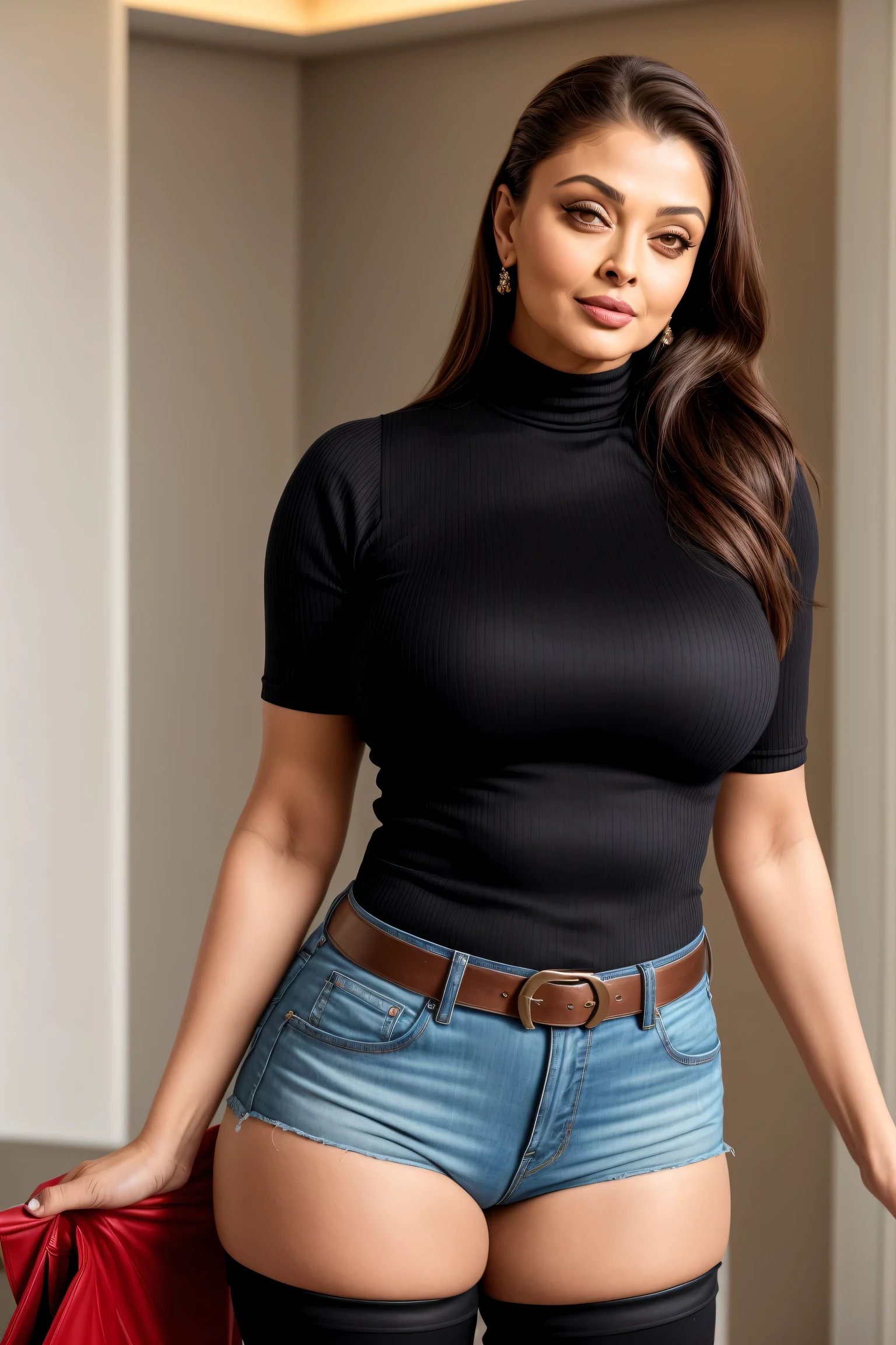 50yo mature milf Aishwarya rai as corporate lady, black denim shorts, tight red shirt, ((knee high boots)), mature curvaceous athletic milf figure, cleavage show, unbuttoned tight shirt, ((high ponytail)), posing in balcony, day scene, mature hourglass figure, look straight at camera, erotic adult face, 50 yo mature milf body, soft volumetric lights, intricate details, (ArtStation:1.2)