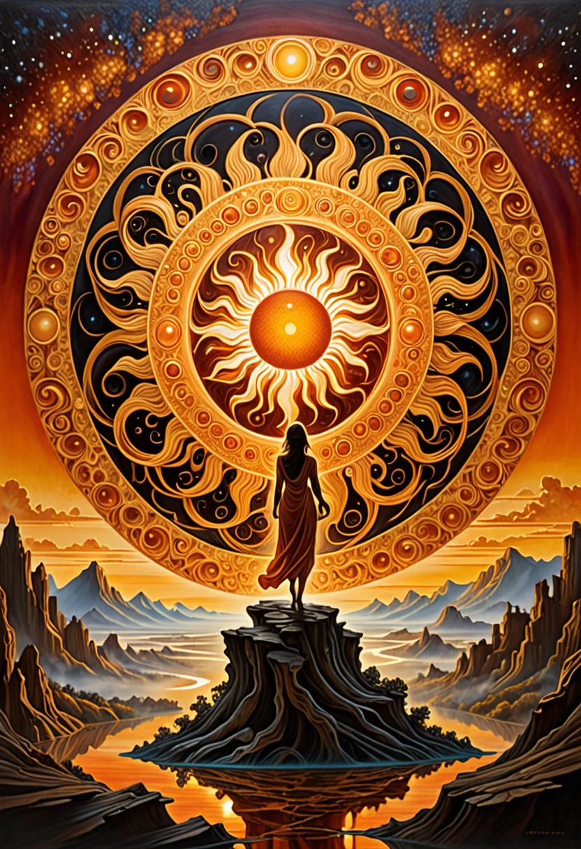 (highres,photorealistic) The Hollow Sun Theory, a mesmerizing artwork depicting the enigmatic concept of an ethereal and transcendent sun. The captivating piece showcases the profound and enigmatic beauty of the cosmos, enveloping viewers in a realm of mystery and intrigue.

The centerpiece of the artwork is the Hollow Sun, radiating an otherworldly glow with its vibrant, carnelian hues. Its luminosity imbues the surroundings with an enchanting aura that enhances the surreal atmosphere of the composition.

Created using the ancient technique of encaustic, the artwork showcases the delicate fusion of pigmented wax and heat, resulting in a rich, textured surface that adds depth and dimension to the image. This medium infuses the artwork with a timeless quality and evokes a sense of intimacy and awe.

Within the composition, trompe l'oeil elements seamlessly blend reality and illusion, creating a visually stunning effect. The interplay of light and shadow, meticulously crafted to deceive the viewer's perception, evokes a sense of wonder and invites observers to explore the depths of the artwork.

Fractoluminescence dances across the canvas, adding a touch of magical realism to the scene. Glowing fractal patterns emerge from the Hollow Sun, intertwining with the melodic forms of imagination and actively transforming the celestial vista with their ethereal presence.

The melodramatic lighting enhances the dramatic impact of the artwork, casting intricate shadows and illuminating the intricate details. It creates a dreamscape of fantastical proportions, transporting viewers to a realm where reality and fantasy intertwine.

Embrace the allure of the Hollow Sun Theory, where dreams and reality converge in a luminous display of artistry. Lose yourself in the depths of this captivating masterpiece, as it captures the essence of a mystical world waiting to be explored.