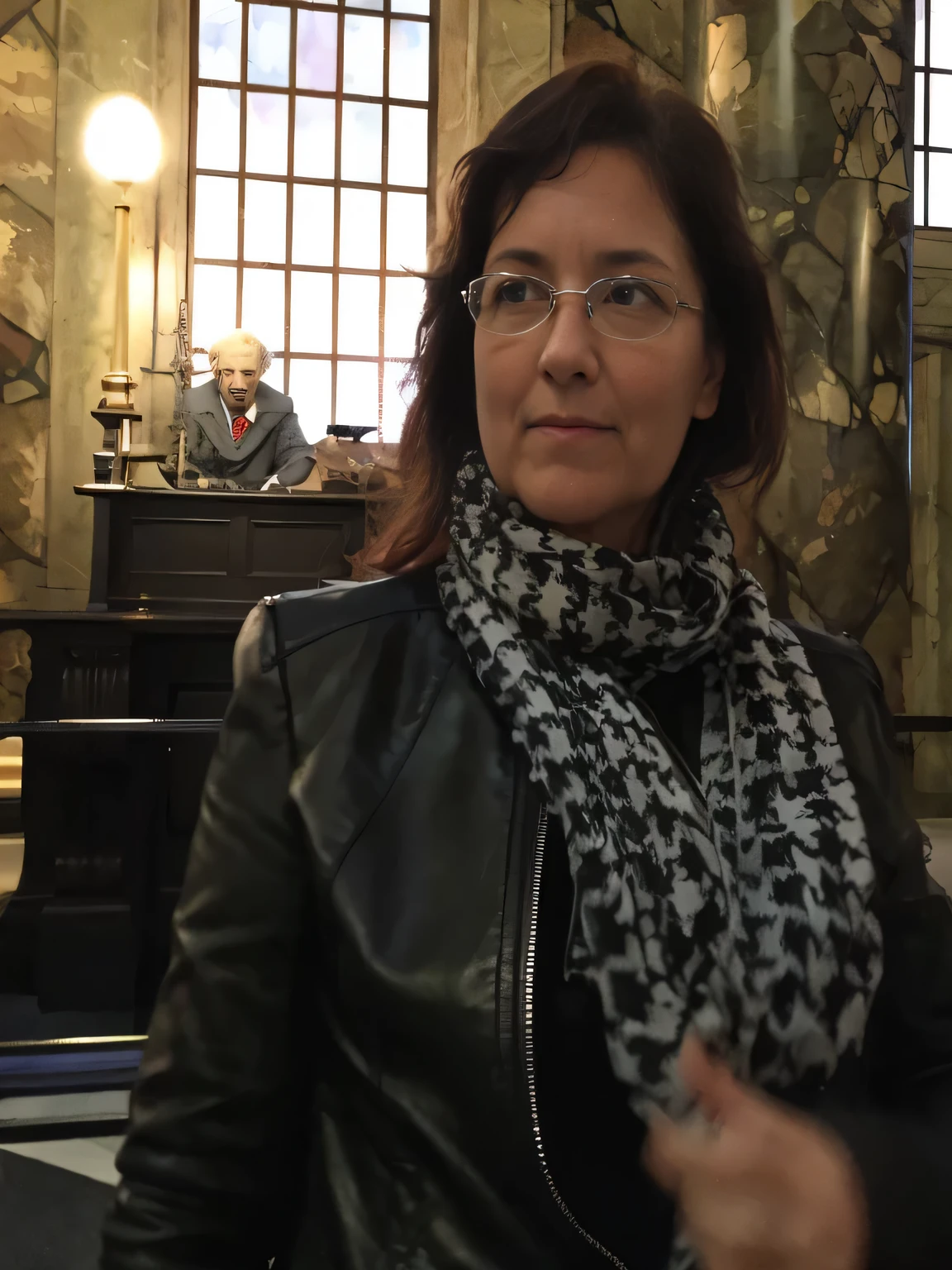 woman in black leather jacket and scarf in front of a piano, in Harry Potter. She is about 45 years old. Full body photo, clear photo, high quality, high resolution, masterpiece, 8K.