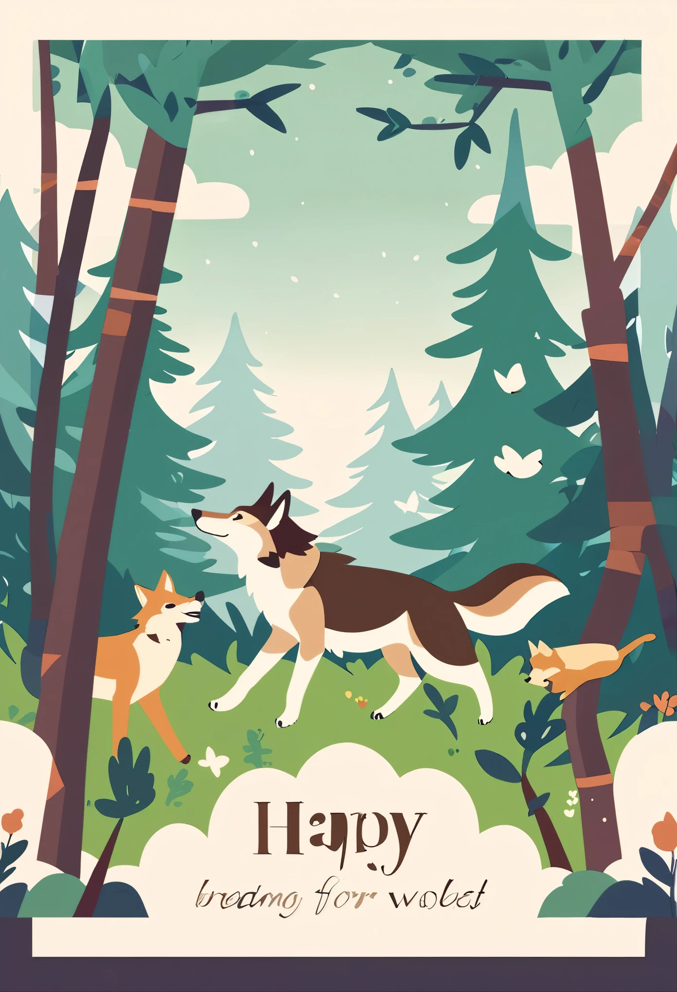 Simple design, Flat design, postcard, greeting card,  frolicking with wolves in the forest,