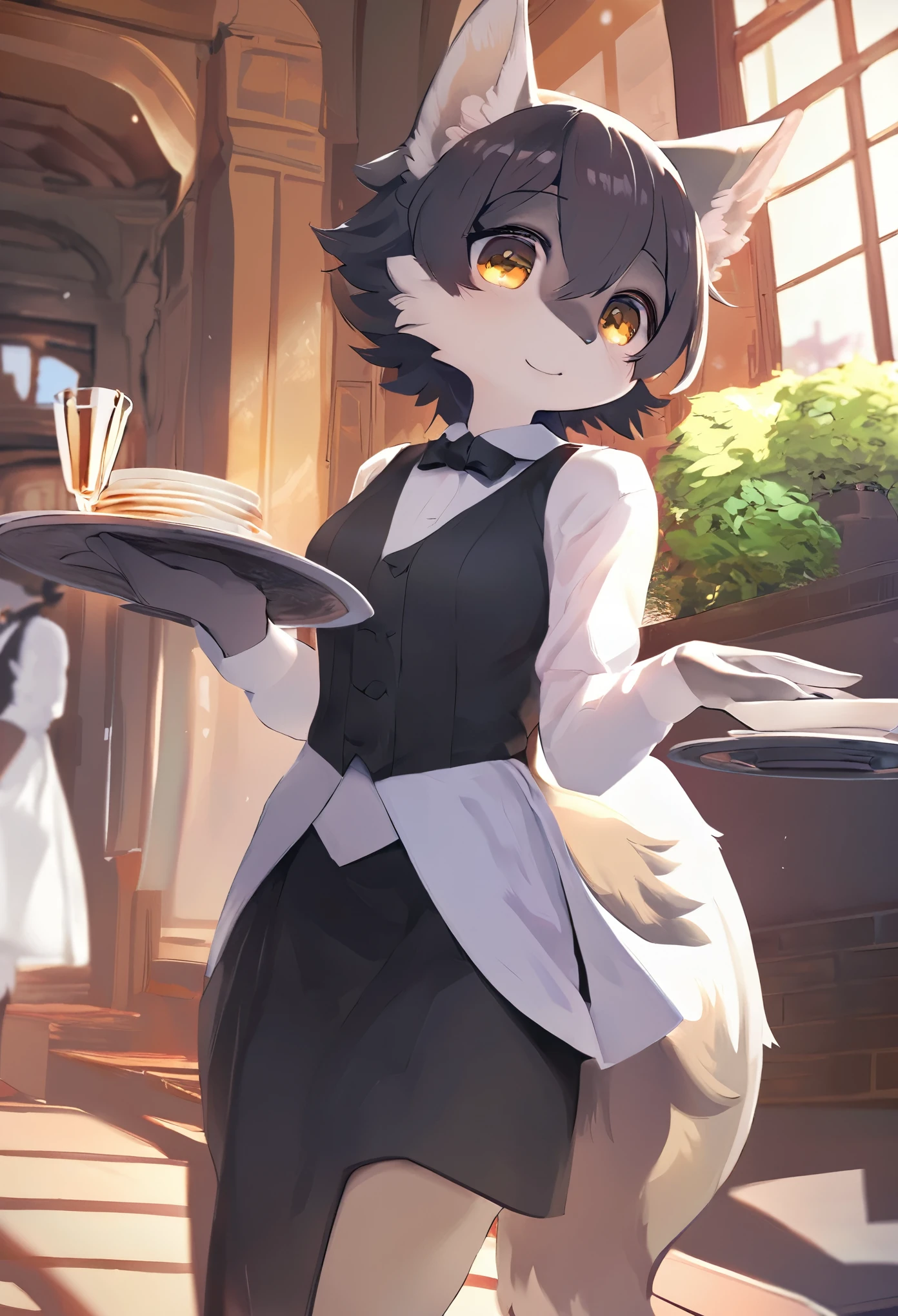 top quality, best quality, highres, masterpiece, super high resolution, detailed background, Casual reutaurant interior, part-time job, waiter, Butler, absurdres(highly detailed beautiful face and eyes)perfect anatomy, good lighting, cinematic shadow(kemono, furry anthro)full body, dynamic angle,