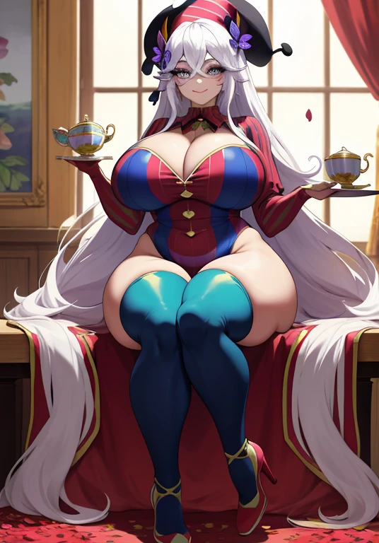 masterpiece,best quality,anime,2d,detailed eyes, 1girl, long hair, solo, butterfly hair ornament, sitting, cup, smile, hair between eyes, petals, hair between eyes, butterfly, teacup, looking at viewer,  vertical stripes, very long hair, breasts, masssive breasts, huge breasts, standing, looking at viewer, huge ass, huge thighs, narrow waist, wide hips, thick thighs, curvy,cleavage, face paint, clown outfit, colorful outfit, skintight outfit, jester hat, pointy shoes, closed mouth,  white hair, (colored eyelashes:1.2), flower, black eyes,(white eyelashes:1.1),