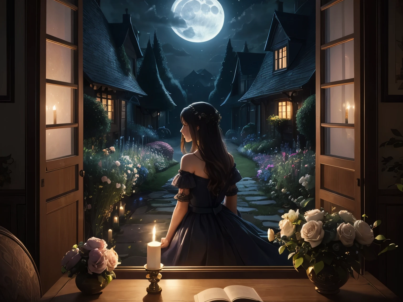 (masterpiece), (best quality), (very aesthetic), (ultra-detailed), (best illustration), realistic, The View Outside the Window, secret flower garden, moonlight, lady backside, candlelight,