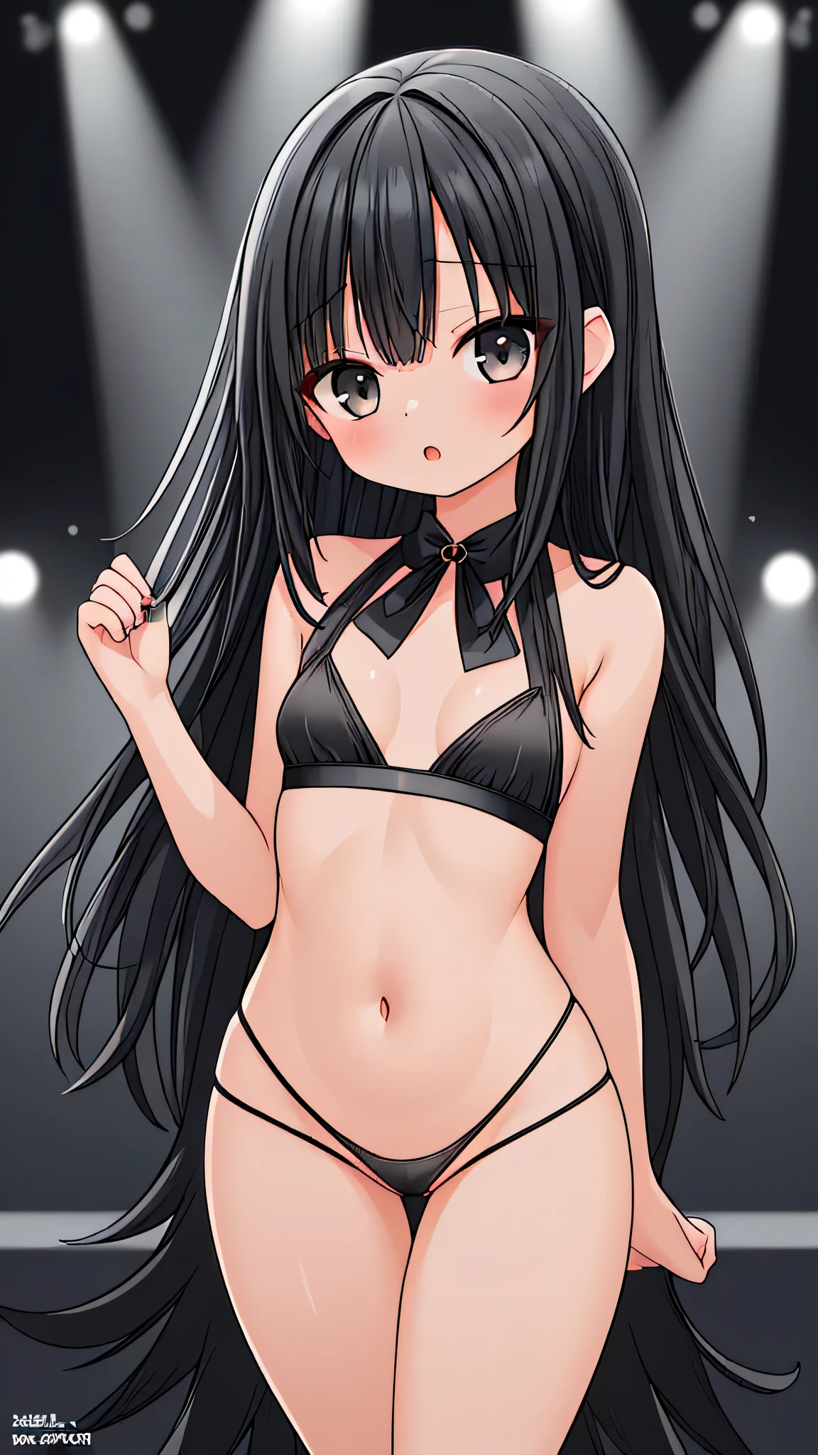 sexy girl, black top, black thong, stage, fashion show, black hair, small breasts, big hips
