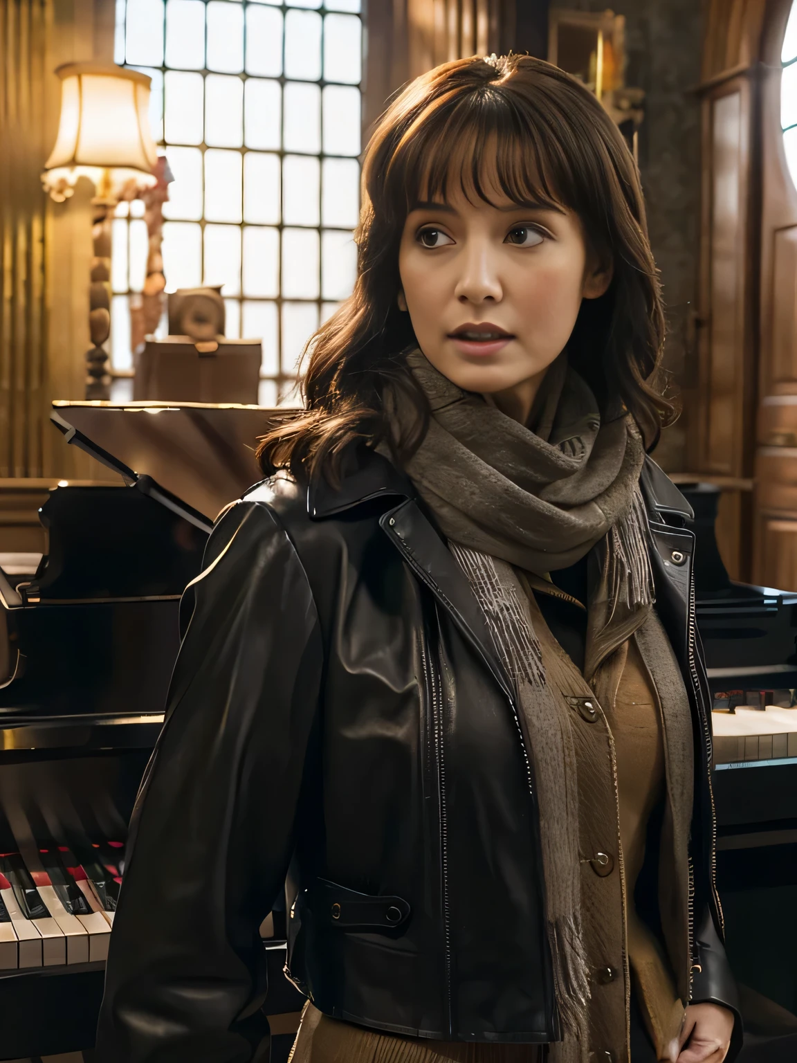 woman in black leather jacket and scarf in front of a piano, in Harry Potter. She is about 45 years old. Full body photo, clear photo, high quality, high resolution, masterpiece, 8K.