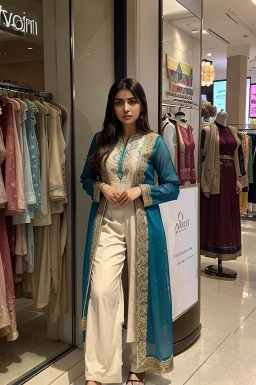 A young Pakistani woman in her 20s stands in a bustling mall, her eyes drawn to a stunning shalwar and kameez in the window display. The intricate embroidery and vibrant colors catch her attention, and she can't help but imagine herself wearing it to a special occasion.