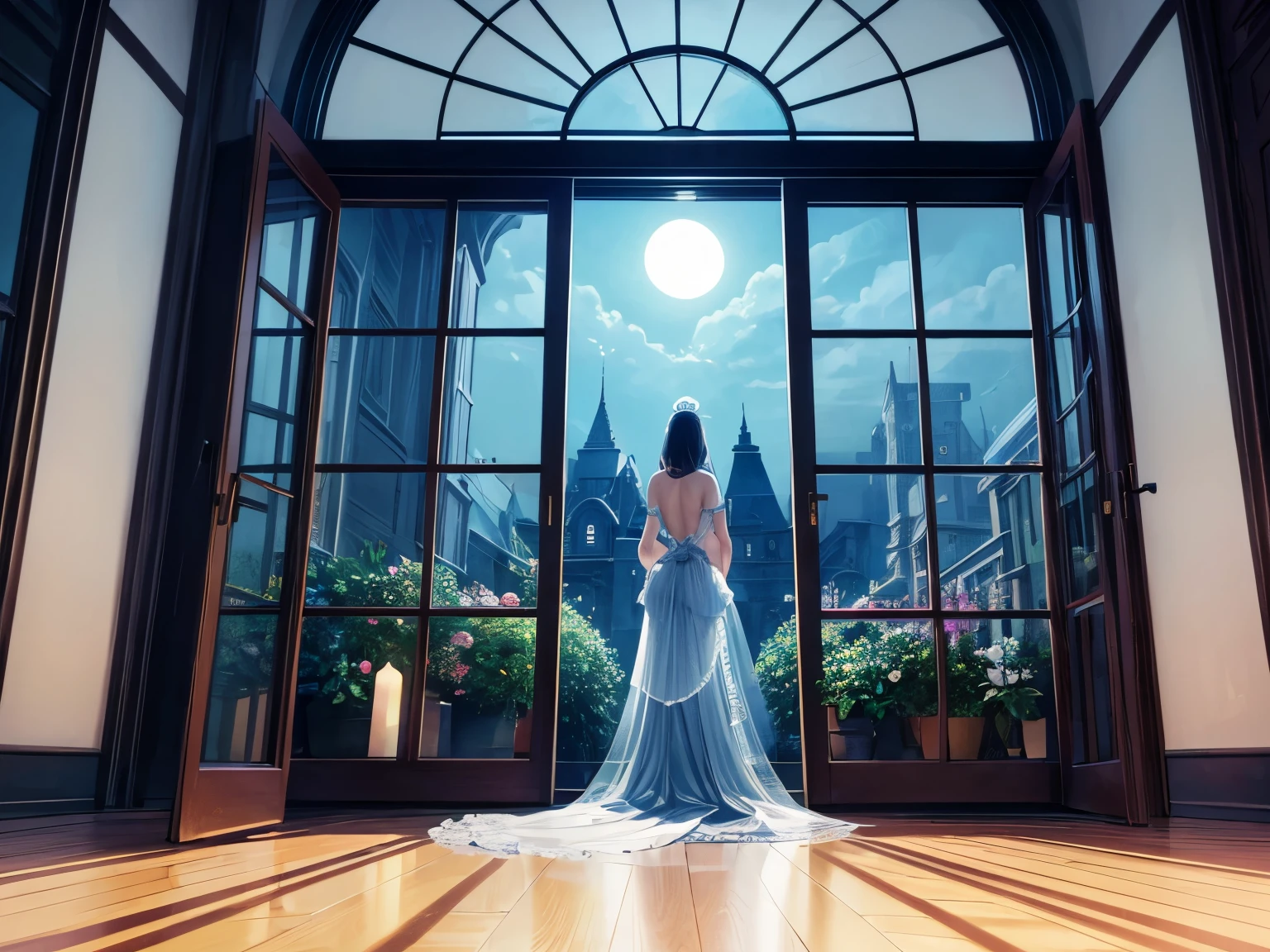 (masterpiece), (best quality), (very aesthetic), (ultra-detailed), (best illustration), realistic, The View Outside the Window, secret flower garden, moonlight, lady backside, candlelight,