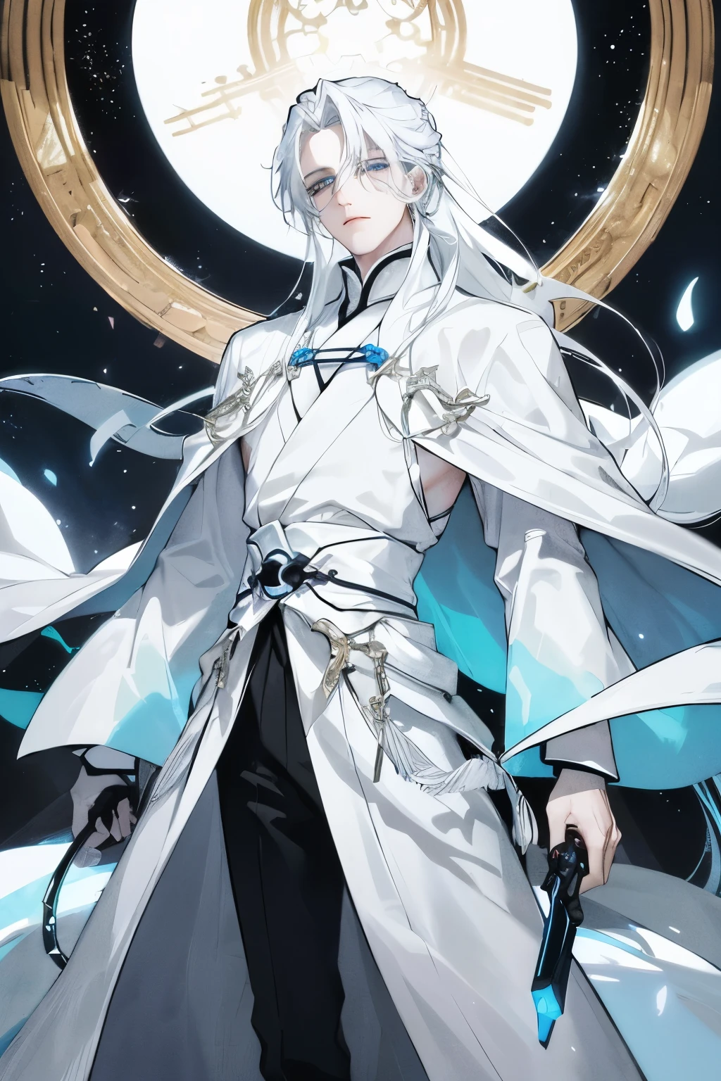 Boy with ethereal beauty, his long white hair cascading down to his knees, frames his light and pale skin. With his mesmerizing blue eyes and soft lines, he gazes at the viewer, radiating a captivating aura. Dressed in a white hanfu, the 21-year-old boy stands tall, exuding an air of attractiveness. Adorned with a black cape and sporting mechanical prosthetic arms, he embodies a unique blend of elegance and futuristic charm. The contrast between his snow-white appearance and the vibrant colors of his surroundings creates a striking visual impact.