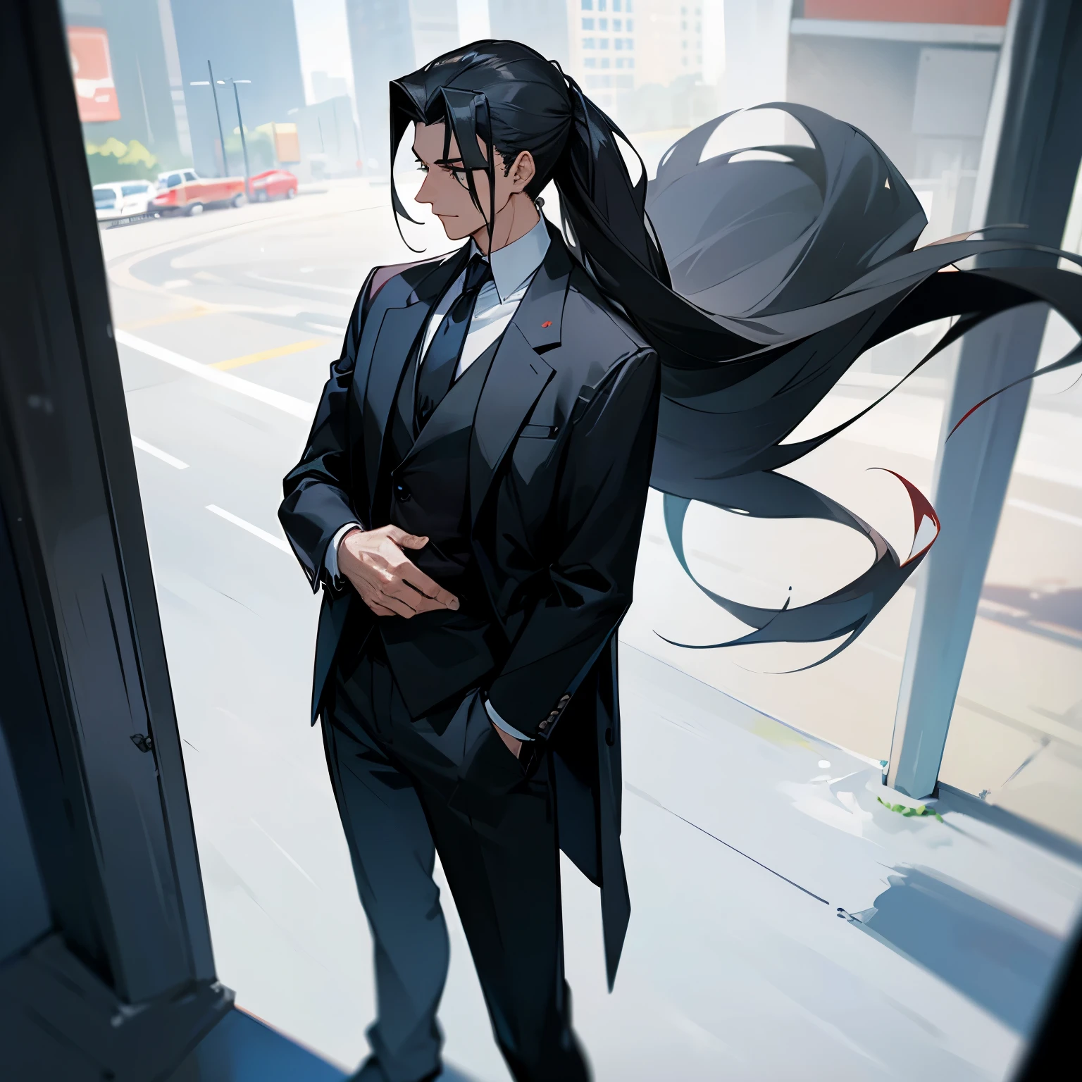 A handsome man with a mullet hairstyle is wearing a black suit. Standing back in the city with a Tesla Model 4