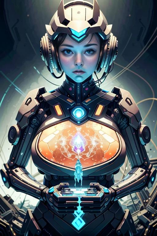 (best quality,4k,8k,highres,masterpiece:1.37), ultra-detailed, (realistic,photorealistic,photo-realistic:1.37), (aerial view), (top down perspective), 1woman, (the foreground is a woman pulling a video game cartridge out of a futuristic artifact box full of video game cartridges:1.6), (the woman is looking down:1.4), (Futuristic artifact box), (the artifact box is open), (The scene unfolds inside a mystical cavern:1.4), robot joints, mecha, fractal_body, (The woman is wearing a biomechanical suit, made with glass details, covering her entire body:1.5), gatchaman, (She has a helmet glass visor:1.4), (dynamic angle:1.37), headgear, mechanical parts, (The woman's headgear is made of fractal mechanical parts:1.4), (fantasy and sci-fi mixed:1.37), holographic glitch effects floats around the woman, vibrant colors, (A blue glow emanates from inside the treasure chest), glowing lights, (abandoned machinery), (there are video game cartridges and consoles on the background), mystical creatures, (there are crystal formations spreading on the background), (futuristic technology), (ancient artifacts), mystical energy, vibrant retro aesthetic, atmospheric lighting, ancient ruins, mysterious symbols, lush vegetation, nostalgic atmosphere, epic adventure, delightful surprise