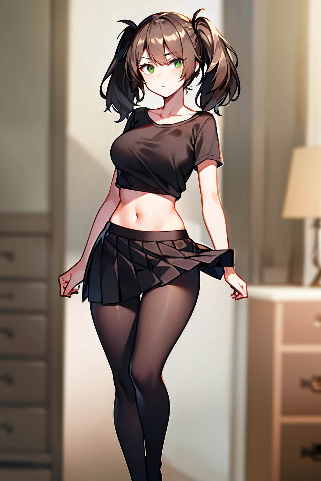 woman, medium breasts, brown hair, short twintails, green eyes, nudity, standing, casual outfit, black shirt, black skirt, black tights, bare midriff, midriff, close up, midriff focus, wall, room, wood