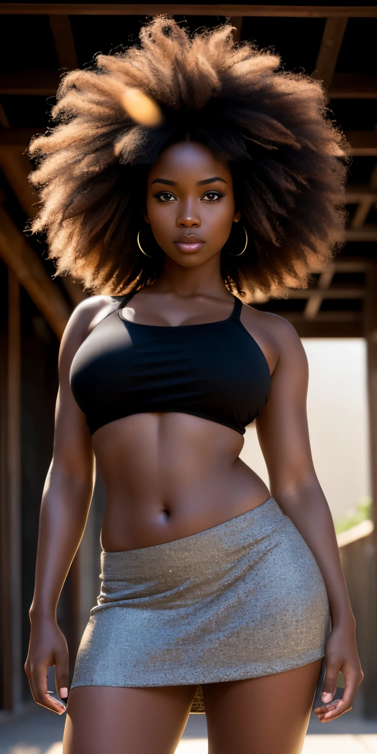 ((Dark African skin, Very deep ebony skin)), ((Its beauty is undeniable)), ((cute excited face)), ((Hyper detailed perfect eyes,)), ((pose mignonne)), ((Langue sortie)), ((attirant )), sexy, (( Tight knit shirt, shorts courts sexy)), ((Afro curly African hair afro ponytail afro,)), (( peau)), ((debout, Vue de face)), ((Toucher ses propres jambes dans une pose sexy)), ((Dehors, Ville publique)), Focused CGI, Fotorrealista, High detail, Realstic, Master part, Absurde, Best quality, Hdr, highly quality, high-definition, extremly detailed, 8k wallpaper, intricate high detail, 8K UHD, Full-HD, (photo realist:1.2), contraste, intense illumination, lighting cinematic, natural lighting, hard light, contre-jour, Illumination globale, occlusion ambiante, full body