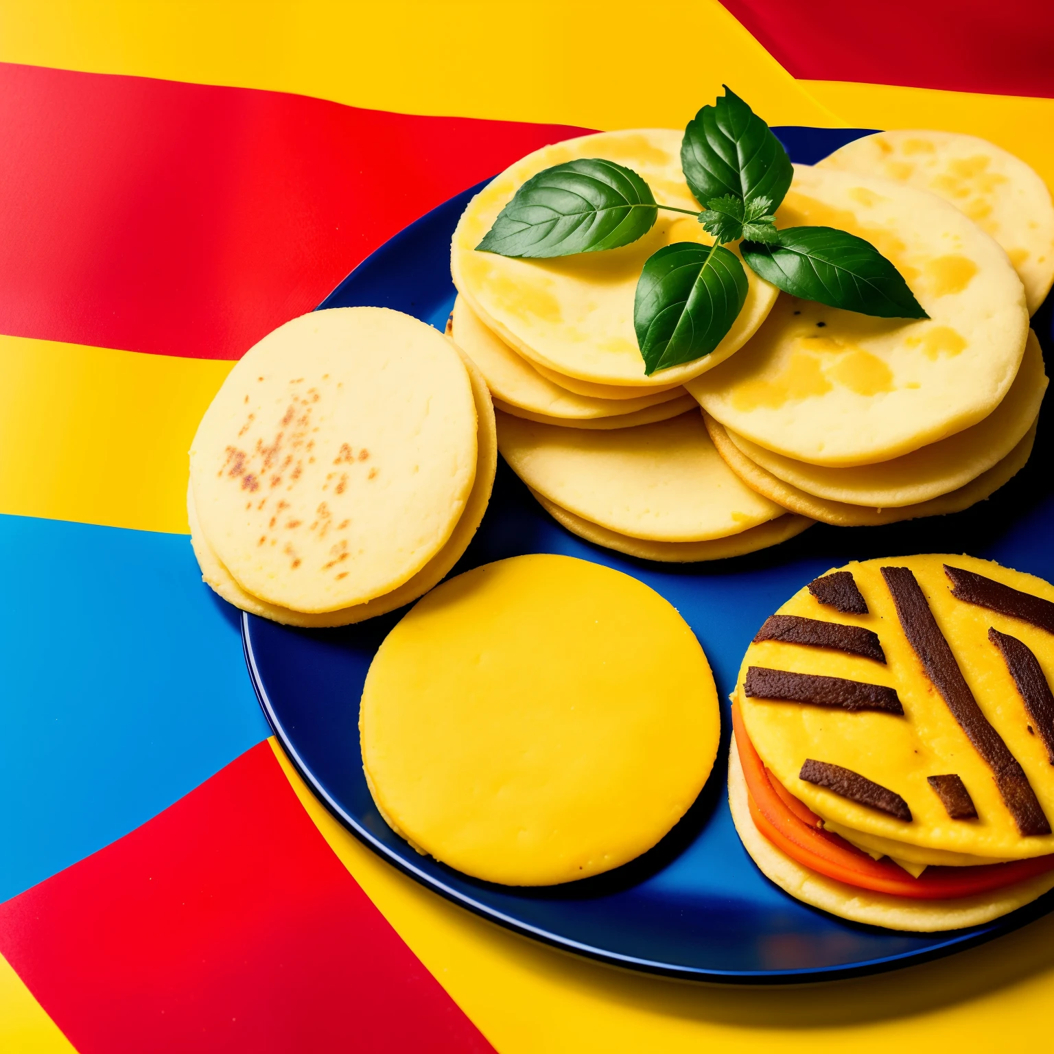 Generates a drawing of a Venezuelan Arepa, a traditional dish with yellow cornmeal exterior, filled with savory ingredients such as shredded meat, cheese, beans, or avocado. The four Arepas are arranged in a colorful and appetizing manner on a wooden table, surrounded by bright and vibrant elements representing the Venezuelan culture. In the background, the Venezuelan Flag, featuring three horizontal bands of yellow, blue, and red, flutters gently in the breeze. This detailed and captivating illustration represents the richness and diversity of Venezuelan cuisine and heritage.
(valid topic:1.0), ((traditional crafts from Venezuela