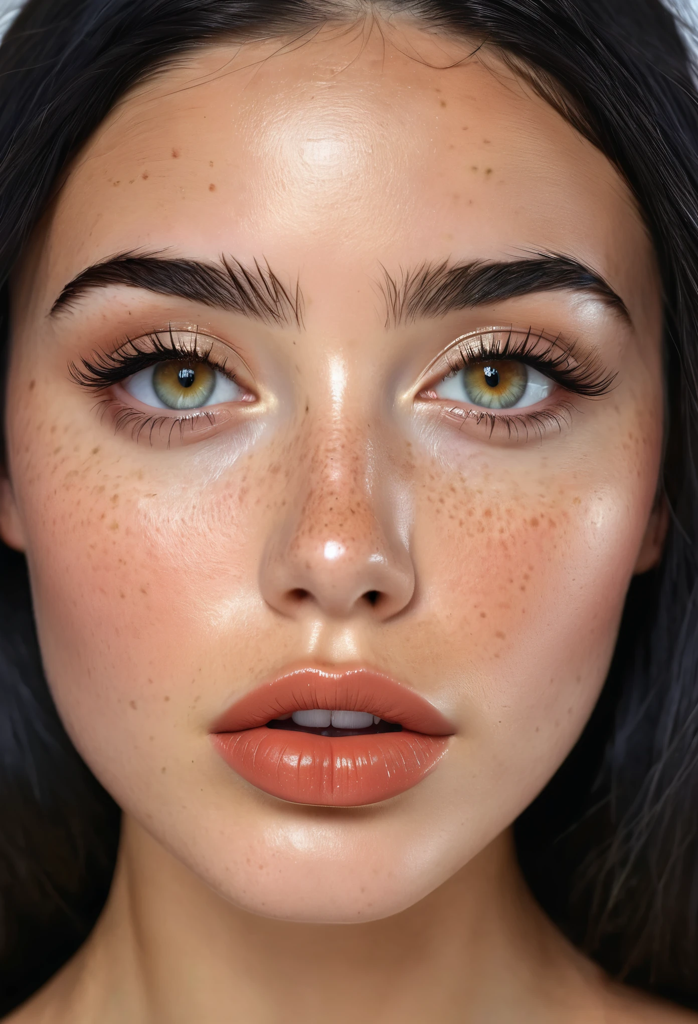 (work of art)), ((best quality)) A beautiful woman with youthful beauty, freckles, olive skin, light eyes, fine features, big lips, long straight black hair,dress , without vulgarity ,Desktop work environment, hands on the face ((professional style photo)) ((Zoom in on the face))