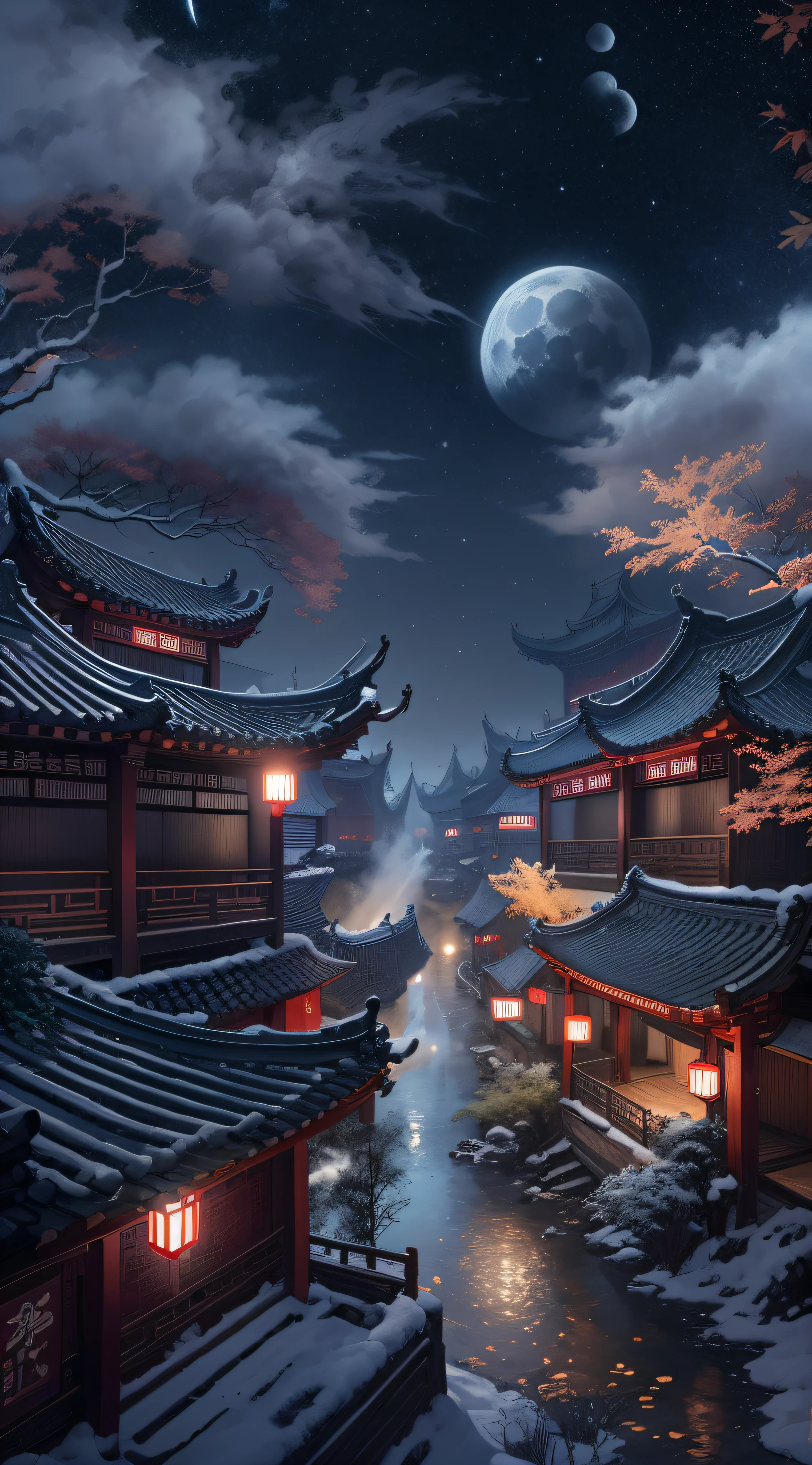 CG surreal rendering of ancient China,The ancient buildings of Jiangnan and the ancient city contain the Yaolin wonderland.。nighttime,big moon,The stars are bright,The smoke is mesmerizing.,Maple leaf and milk leaf are trees.。Snow landscape。KHD