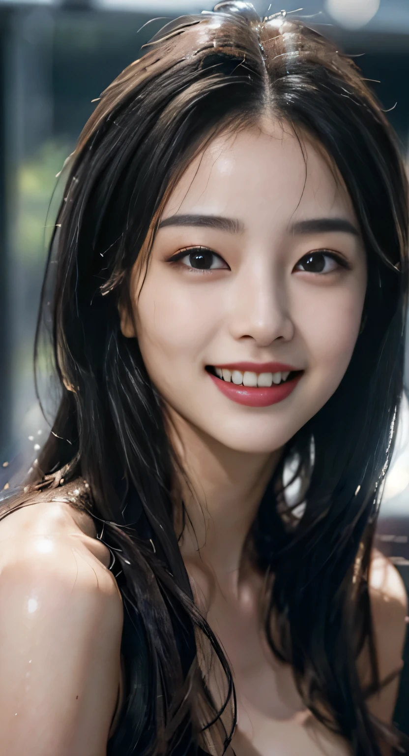(masterpiece, highest quality, beautiful quality, realistic, looking at the viewer, detailed lighting, highly detailed skin, highly detailed hair, very fine teeth, Shadow, 8K:1.2), {(women pictures, 1 girl:1.2:smile):Double eyes}, naked,