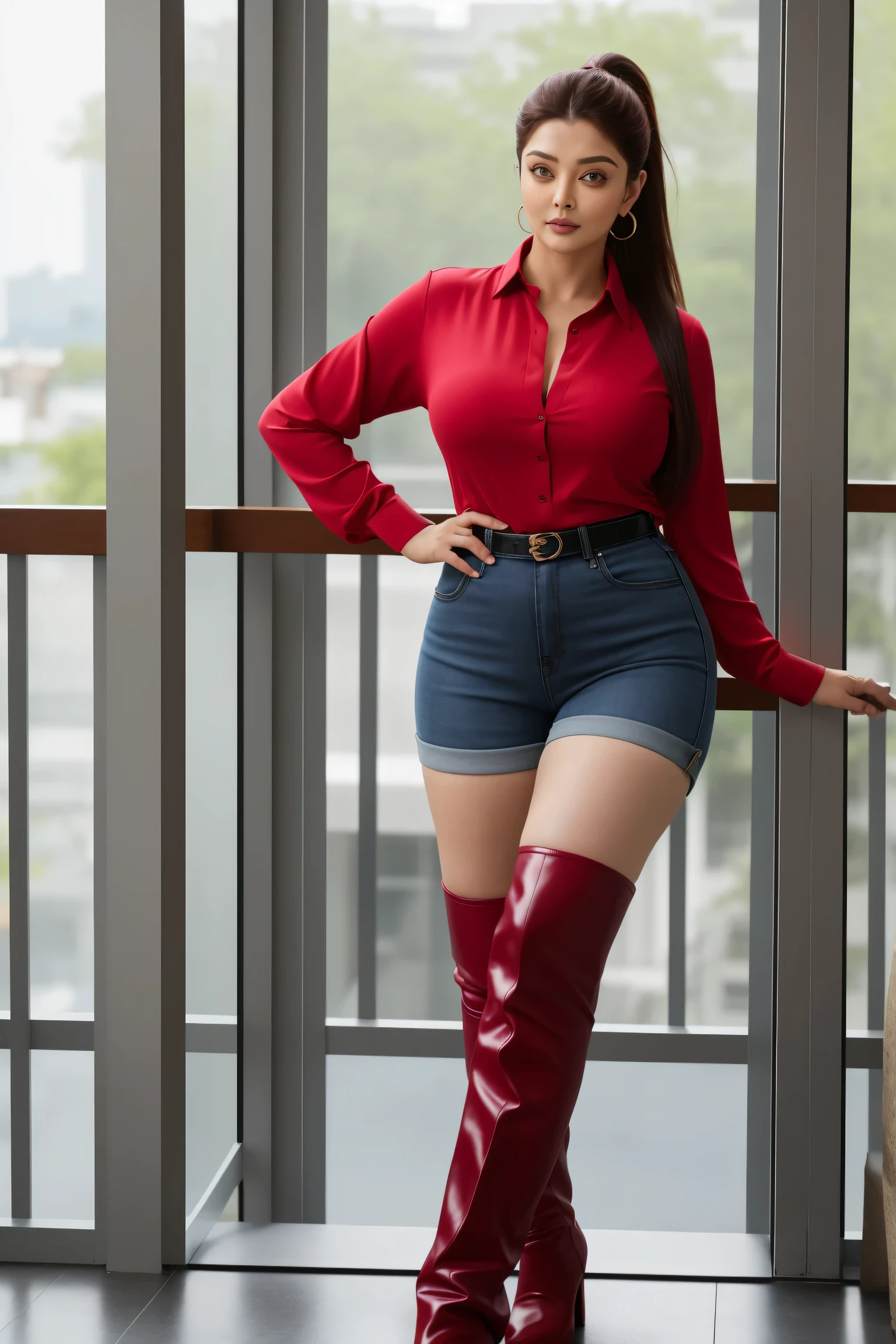 50yo mature milf Aishwarya rai as corporate lady, black denim shorts, tight red shirt, ((knee high boots)), mature curvaceous athletic milf figure, cleavage show, unbuttoned tight shirt, ((high ponytail)), posing in balcony, day scene, mature hourglass figure, look straight at camera, erotic adult face, 50 yo mature milf body, soft volumetric lights, intricate details, (ArtStation:1.2)