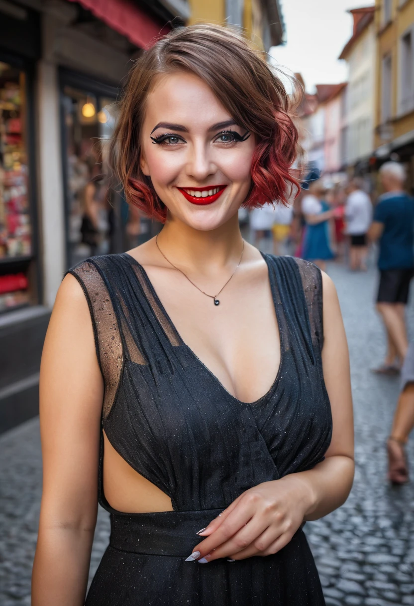 8K, Best quality, Meisterwerk, Ultra high resolution, (Realismus: 1.4), Originalfoto, (realistische Hautstruktur: 1.3), (Filmkorn: 1.3), (Selfie-Winkel), 1 girl, Beautiful eyes and facial details, Meisterwerk, Best quality, Full body shot, den Betrachter anschauen, langes glatter roter messy bob, grosse Brust, dezentes Make-Up mit Eyeliner, embarrassed smile, 1920s outfit dress, street photography