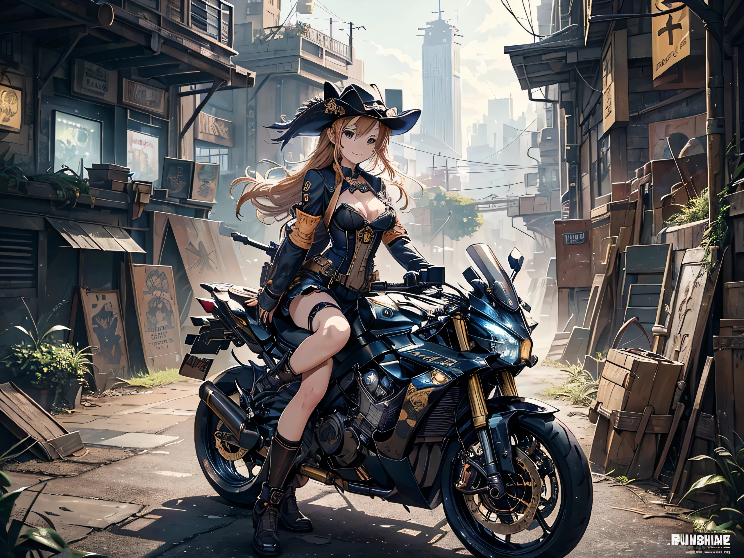 (comic book style),(line drawing_anime),(cowboy shot, highest quality, ),(Laura Budd Photos:1.2),(Laura Add Details:1.0),8K, flat color:0.8,1 girl,smile、(Steampunk bike ride 1.5)、Exquisitely decorated motorcycle、(Highly decorative and complex mechanical steampunk fashion, lace flare dolphin hat、goggles 1.5、machinery background、Gear background、Intricately mechanized steampunk cityscape 1.5),
