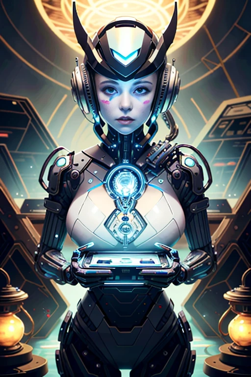(best quality,4k,8k,highres,masterpiece:1.37), ultra-detailed, (realistic,photorealistic,photo-realistic:1.37), (aerial view), (top down perspective), 1woman, (the foreground is a woman pulling a video game cartridge out of a futuristic artifact box full of video game cartridges:1.6), (the woman is looking down:1.4), (Futuristic artifact box), (the artifact box is open), (The scene unfolds inside a mystical cavern:1.4), robot joints, mecha, fractal_body, (The woman is wearing a biomechanical suit, made with glass details, covering her entire body:1.5), gatchaman, (She has a helmet glass visor:1.4), (dynamic angle:1.37), headgear, mechanical parts, (The woman's headgear is made of fractal mechanical parts:1.4), (fantasy and sci-fi mixed:1.37), holographic glitch effects floats around the woman, vibrant colors, (A blue glow emanates from inside the treasure chest), glowing lights, (abandoned machinery), (there are video game cartridges and consoles on the background), mystical creatures, (there are crystal formations spreading on the background), (futuristic technology), (ancient artifacts), mystical energy, vibrant retro aesthetic, atmospheric lighting, ancient ruins, mysterious symbols, lush vegetation, nostalgic atmosphere, epic adventure, delightful surprise