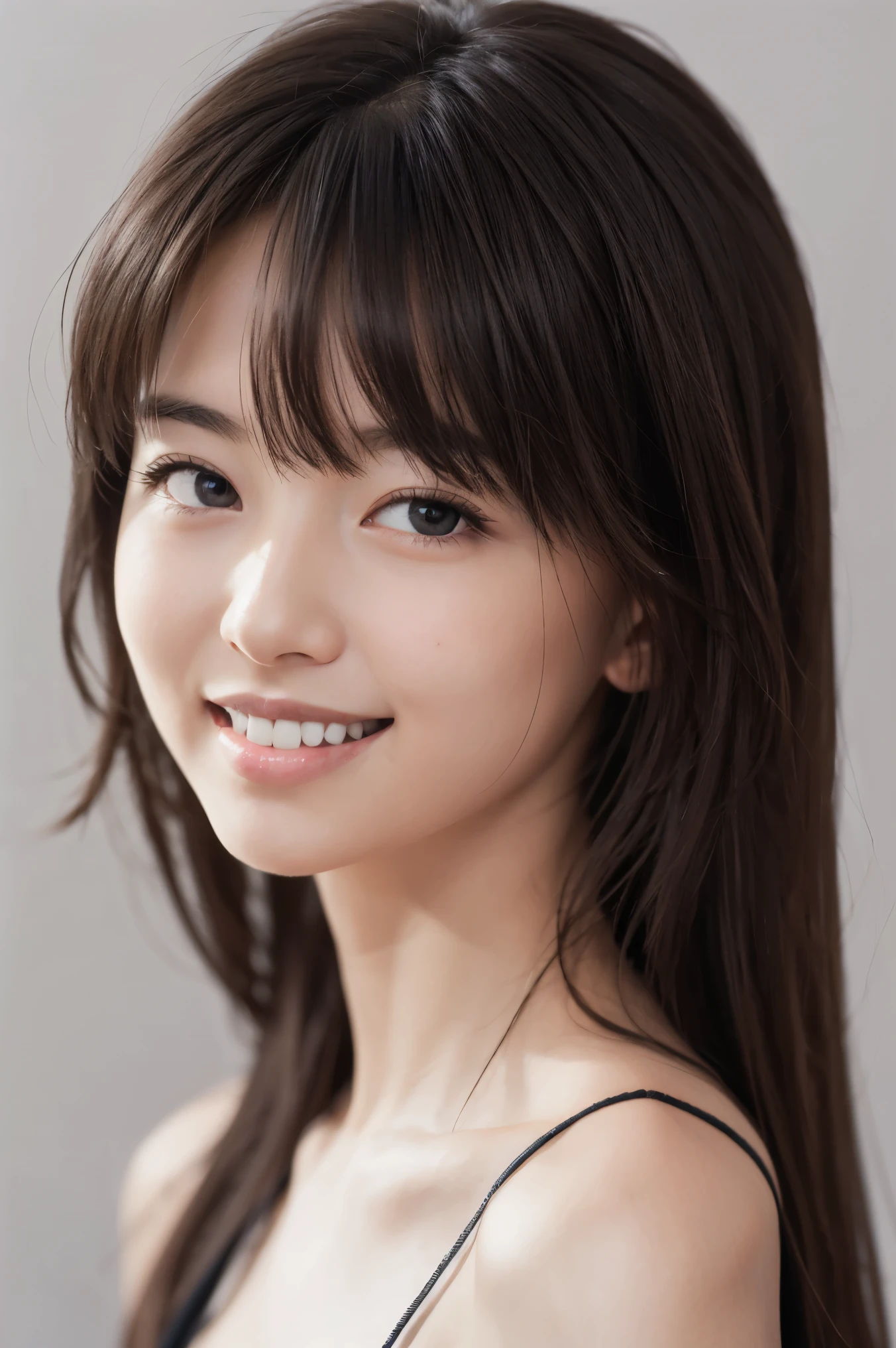 1girl,solo,smile,happy:1,long straight hair,straight bangs,look at viewers,brown eyes,looking at viewer,in studio,pure grey background,detailed skin,detailed face,studio light,parted lips,lips,bare shoulders,(black hair),(close up),messy hair,