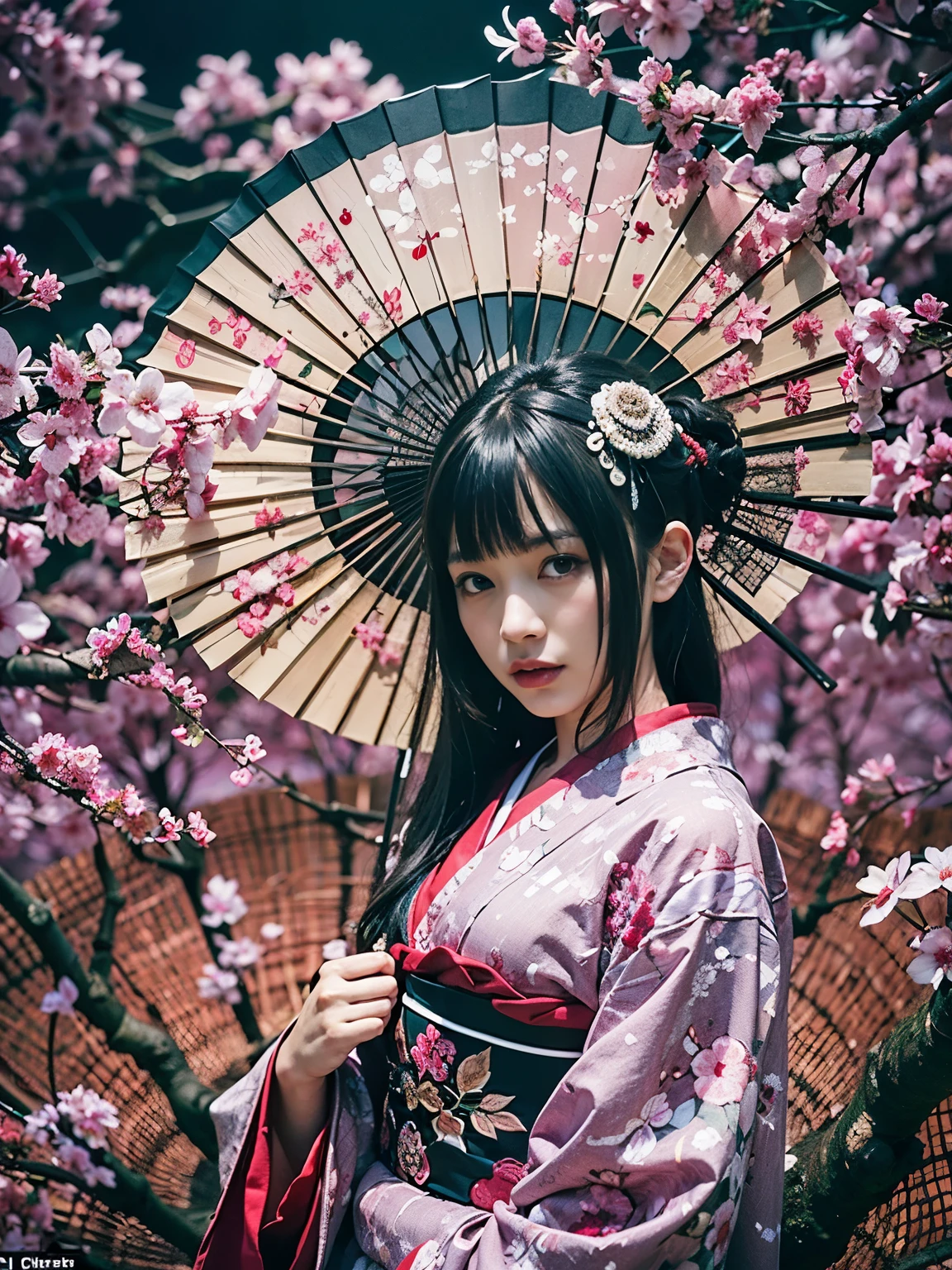 (masterpiece:1.2, best quality, ultra-detailed, realistic:1.37), Japanese female, 13-year-old, beautiful girl, Death, gothic fashion, pale skin, sharp eyes, long black hair, cherry blossom background, kimono, intricate patterns, ethereal atmosphere, dark and mysterious, black feathers, traditional Japanese fan, haunting presence, delicate features