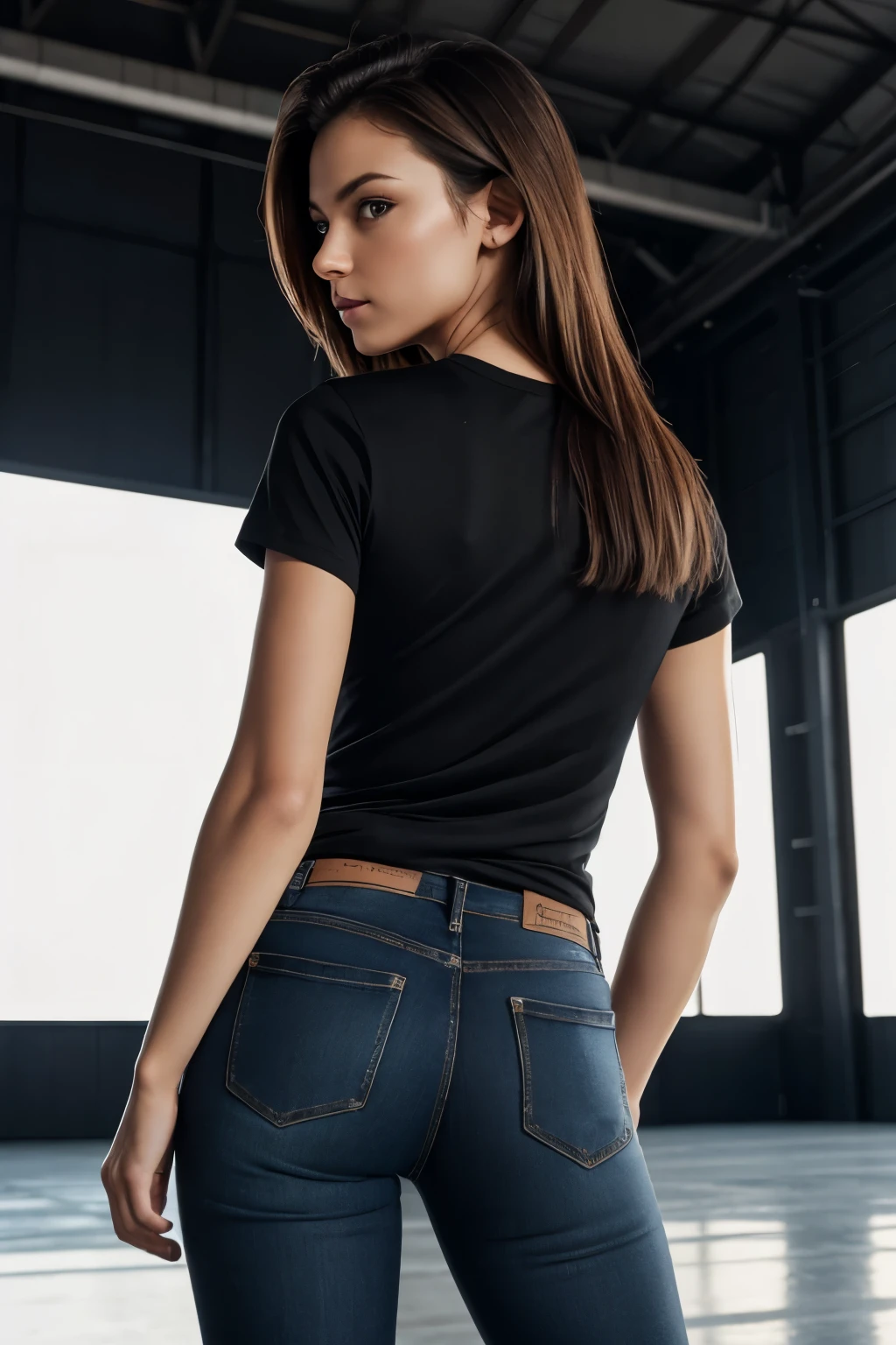 masterpiece, real photo, realistic, masterpiece, foto, studio, woman, young, slim, black t-shirt, posing with back to camera, in a hangar, dark light, smooth lighting, t-shirt, normal t-shirt, backwards to camera, matte material, matte fabric, t-shirt stuffed in jeans