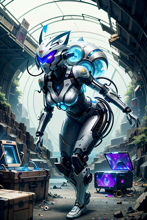 (best quality,4k,8k,highres,masterpiece:1.37), ultra-detailed, (realistic,photorealistic,photo-realistic:1.37), (aerial view), (top down perspective), 1woman, (the foreground is a woman pulling a video game cartridge out of a futuristic artifact box full of video game cartridges:1.6), (the woman is looking down:1.4), (Futuristic artifact box), (the artifact box is open), (The scene unfolds inside a mystical cavern:1.4), robot joints, mecha, fractal_body, (The woman is wearing a biomechanical suit, made with glass details, covering her entire body:1.5), gatchaman, (She has a helmet glass visor:1.4), (dynamic angle:1.37), headgear, mechanical parts, (The woman's headgear is made of fractal mechanical parts:1.4), (fantasy and sci-fi mixed:1.37), holographic glitch effects floats around the woman, vibrant colors, (A blue glow emanates from inside the treasure chest), glowing lights, (abandoned machinery), (there are video game cartridges and consoles on the background), mystical creatures, (there are crystal formations spreading on the background), (futuristic technology), (ancient artifacts), mystical energy, vibrant retro aesthetic, atmospheric lighting, ancient ruins, mysterious symbols, lush vegetation, nostalgic atmosphere, epic adventure, delightful surprise
