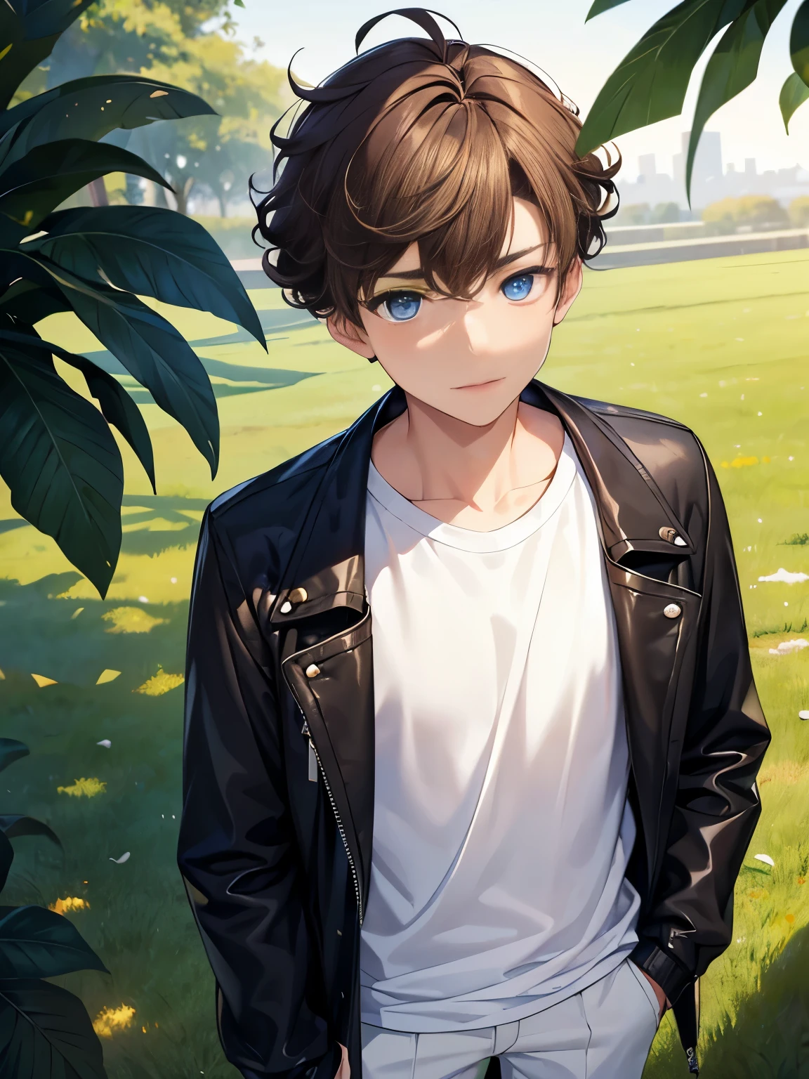 1boy,guy,standing,Squinting, standing,blue eyes,half body photo,18 years old,Curly hair,medium hair,undercut hairstyle,light brown hair,black jacket,white t-shirt,white trousers,morning,ultra detail,masterpiece