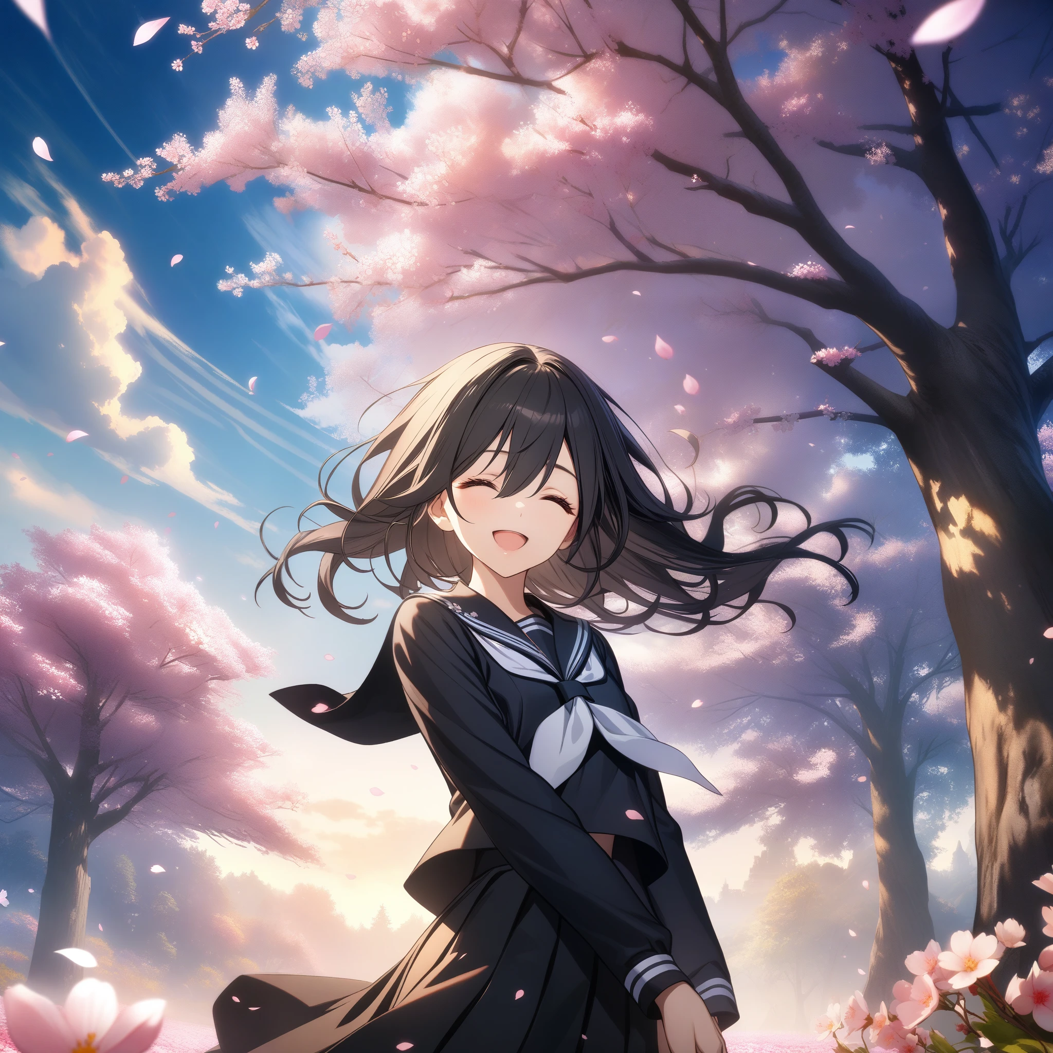 32k, best quality, ultra high res, HDR, UHD, extremely detailed CG, unity 32k wallpaper, solo, hair between eyes, brown eyes, black hair, standing, flower, outdoors, sky, cloud, tree, petals, floating hair, cherry blossoms, pink flower, (black sailor suit), closed eyes, open mouth, smile, 