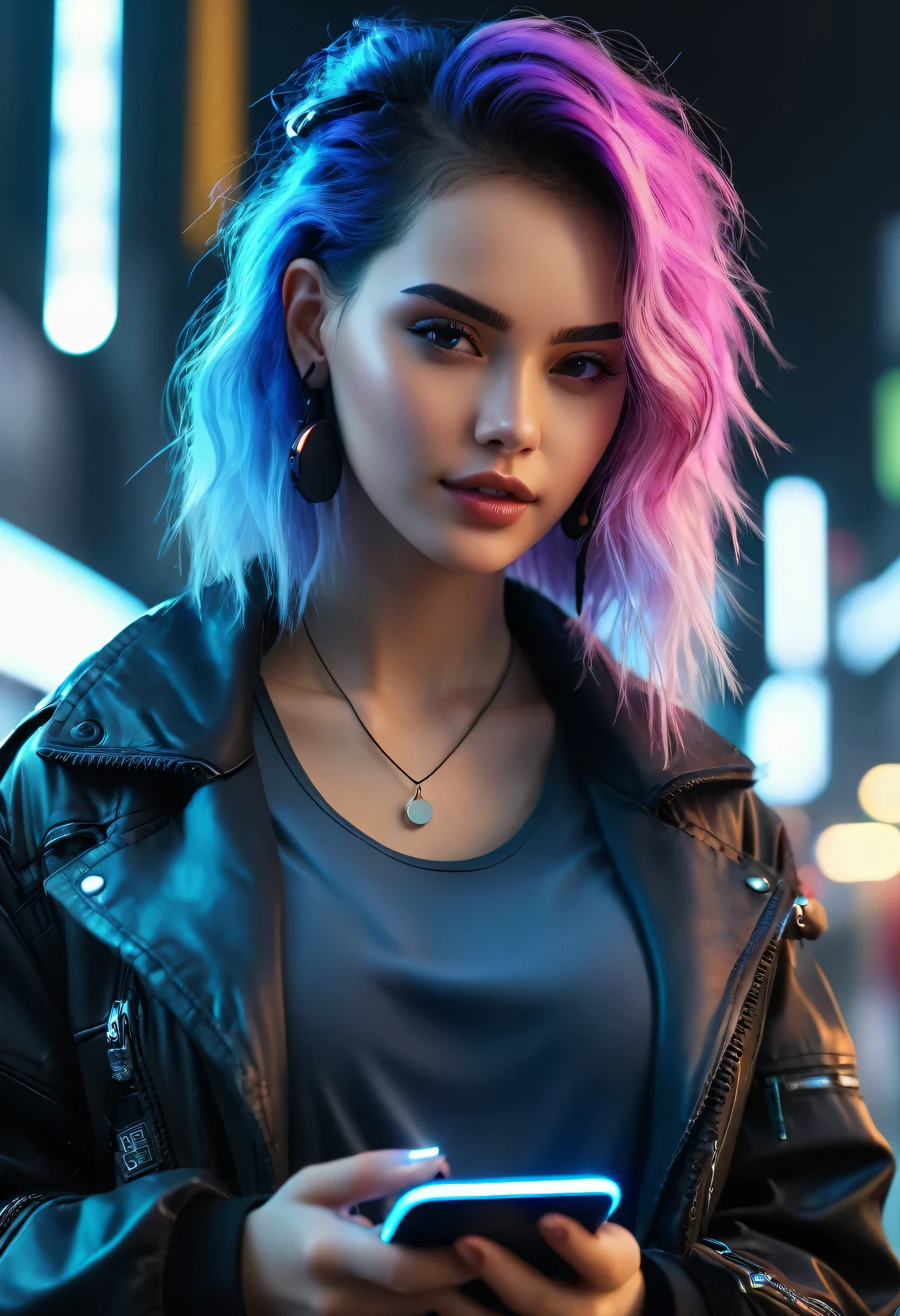 ((beautiful girl with a cell phone in her hand)) 4K 8K:: Realistic::4cyberpunk::1 --v 4 --quality 2  