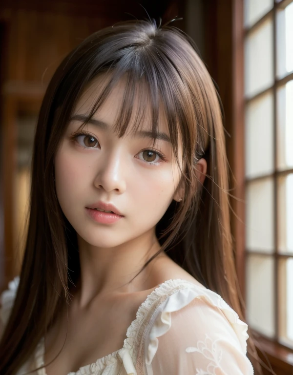 best quality, face focus, soft light, ultra high res, (photorealistic:1.4), RAW photo,
1japanese girl, solo, cute, (pupil, lights in the eyes),  detailed beautiful face, (small chest),(high resolution detail of human skin texture),
(long hair),
indoor,
Damask Shirt Dress,
(portrait)