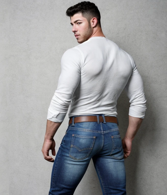  male, vaquero musculoso,  rostro, realista, foto cuerpo completo con jeans, barba corta. Nick Jonas. Backside white jeans