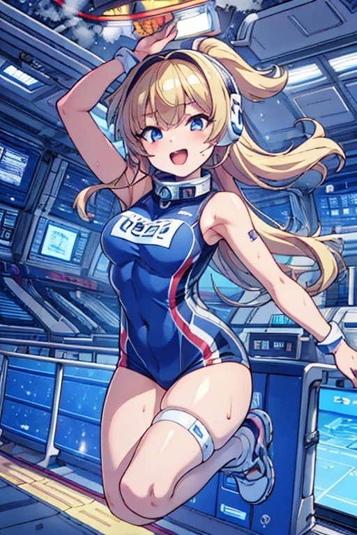 top-quality,Top image quality,in 8K,4K,​masterpiece,ultra-detailliert,Beautiful,ultra-quality, best quality,high resolution, ultra-detailed,game cg,dutch angle,(acrobatic pose):5,jumping:5,(inside spacestation,)beautiful detailed eyes,five fingers,headphone,nsfw,a beauty girl,(astrovest):5,(track uniforms),wet,(steam:1.5),Running form,open open mouth,(blonde hair),(long hair):2,Navel,space_station_interior, exercise_room, futuristic, high_technology, zero_gravity_exercise_equipment, high_resolution_landscape, sleek_design, minimalistic, 8K_resolution, game_cg_style, Dutch_angle, detailed_character, track_uniform, perfect_running_form, intense_expression, detailed_eyes, determination, steam:1.5, beauty, strength, five_fingers, visible_navel, open_mouth, ultra_quality, high_resolution, ultra_detailed,astrovest