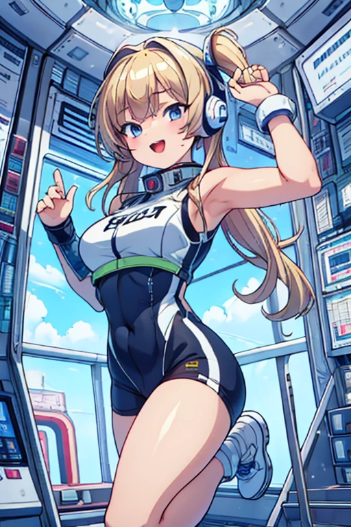 top-quality,Top image quality,in 8K,4K,​masterpiece,ultra-detailliert,Beautiful,ultra-quality, best quality,high resolution, ultra-detailed,game cg,dutch angle,(acrobatic pose):5,jumping:5,(inside spacestation,)beautiful detailed eyes,five fingers,headphone,nsfw,a beauty girl,(astrovest):5,(track uniforms),wet,(steam:1.5),Running form,open open mouth,(blonde hair),(long hair):2,Navel,space_station_interior, exercise_room, futuristic, high_technology, zero_gravity_exercise_equipment, high_resolution_landscape, sleek_design, minimalistic, 8K_resolution, game_cg_style, Dutch_angle, detailed_character, track_uniform, perfect_running_form, intense_expression, detailed_eyes, determination, steam:1.5, beauty, strength, five_fingers, visible_navel, open_mouth, ultra_quality, high_resolution, ultra_detailed,astrovest