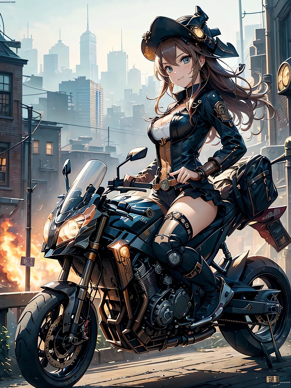 (comic book style),(line drawing_anime),(cowboy shot, highest quality, ),(Laura Budd Photos:1.2),(Laura Add Details:1.0),8K, flat color:0.8,1 girl,smile、(Steampunk bike ride 1.5)、Exquisitely decorated motorcycle、(Highly decorative and complex mechanical steampunk fashion, lace flare dolphin hat、goggles 1.5、machinery background、Gear background、Intricately mechanized steampunk cityscape 1.5),