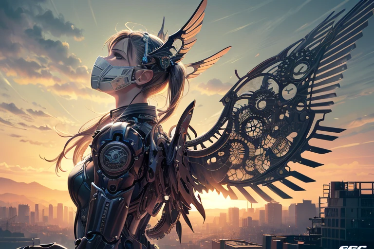 ((mechanical angel)), (machine-made:1.6), mechanical wings with gears extended, cables, (defined face, mask), (devious and beautiful), cinematic light, Science fiction, surreal, apocalypse, full body, (CG illustration), (Highly detailed), (high resolution), (Best quality), (masterpiece)